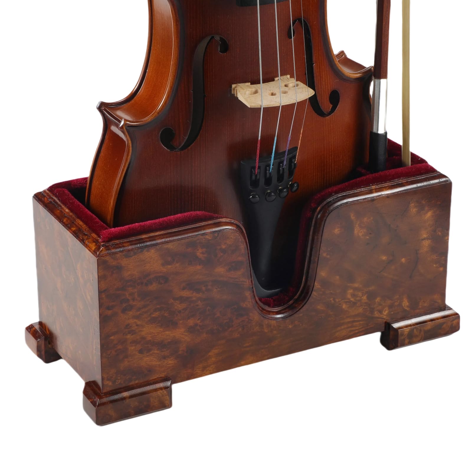 Premium Wooden Violin and Bow Holder Stand - Burl Wood Floor Display with Soft Red Velvet Protection | Stable, Elegant Instrument Stand for Violinists | Perfect for Home, Studio & Stage Performances