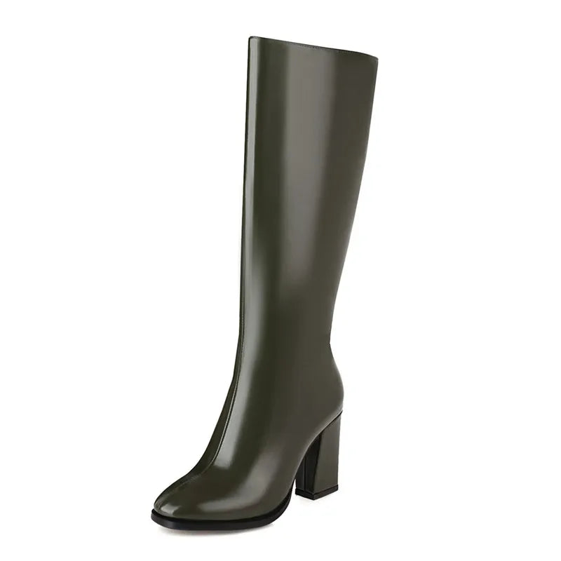 Elegant Women's Knee High Boots with Zipper - Autumn Winter Fashion Heeled Boots in White & Green - Size 48 for Tall Women - Perfect for Office, Party & Winter Outfits