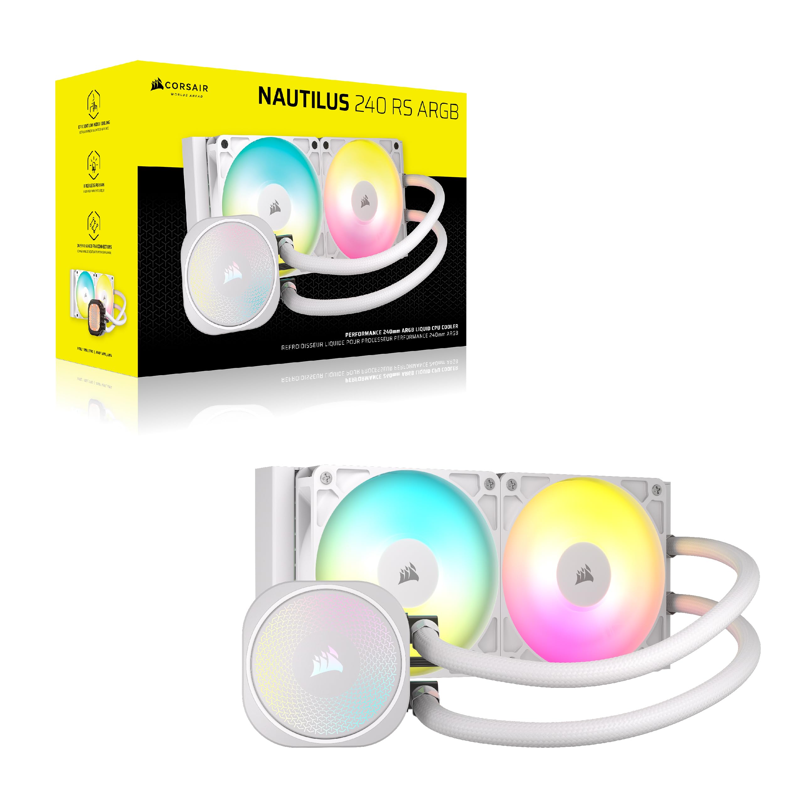 CORSAIR Nautilus 240 RS ARGB Liquid CPU Cooler - 240mm AIO RGB Water Cooling System for Intel LGA 1851/1700 & AMD AM5/AM4 - Low-Noise Design with 2X RS120 ARGB Fans - Daisy-Chain & Direct Motherboard Connection - White - Perfect for Gaming PCs, Workstations & High-Performance Cooling
