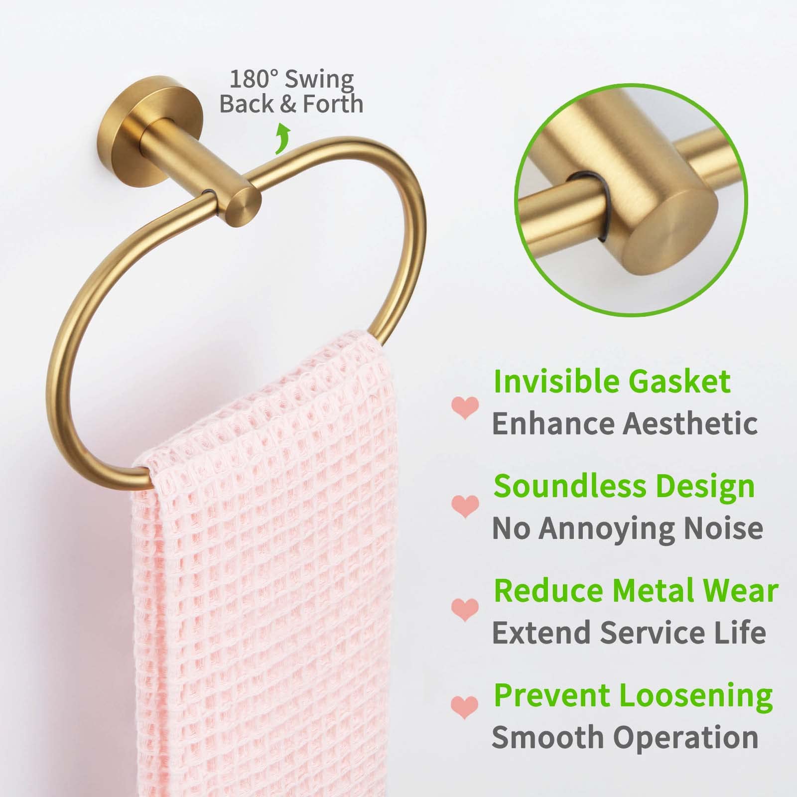 Angle Simple Towel Ring - Premium SUS 304 Stainless Steel Swivel Hand Towel Holder Rack for Bathroom - Brushed Gold Finish - Perfect for Modern Bathrooms, Kitchens & Powder Rooms