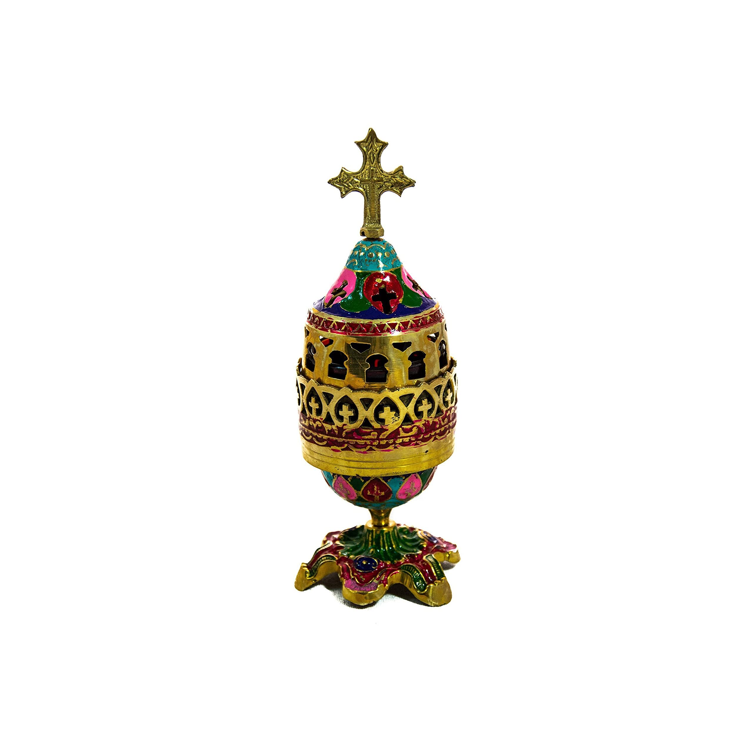 Hand-Painted Christian Brass Table Oil Vigil Lamp with Cross - Orthodox Prayer Standing Oil Candle with Glass Cup - Religious Home Decor for Church, Altar & Meditation Spaces