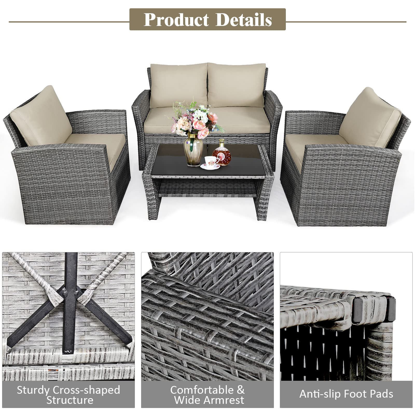 Tangkula 4-Piece All-Weather Outdoor Patio Furniture Set - Wicker Rattan Sectional Sofa with Cushions & Tempered Glass Table - Perfect for Backyard, Garden, Poolside & Patio Relaxation