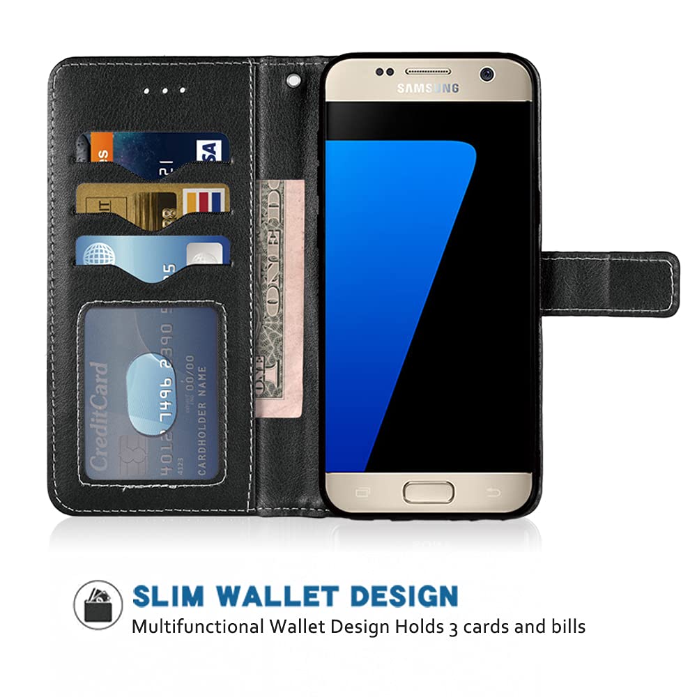 Samsung Galaxy S7 Wallet Case with Wrist Strap & Card Holder - Leather Flip Cover Stand Case for Galaxy S7/S7 Edge (SM-G930V/G930A) - Perfect for Work, Travel & Everyday Use (Black)