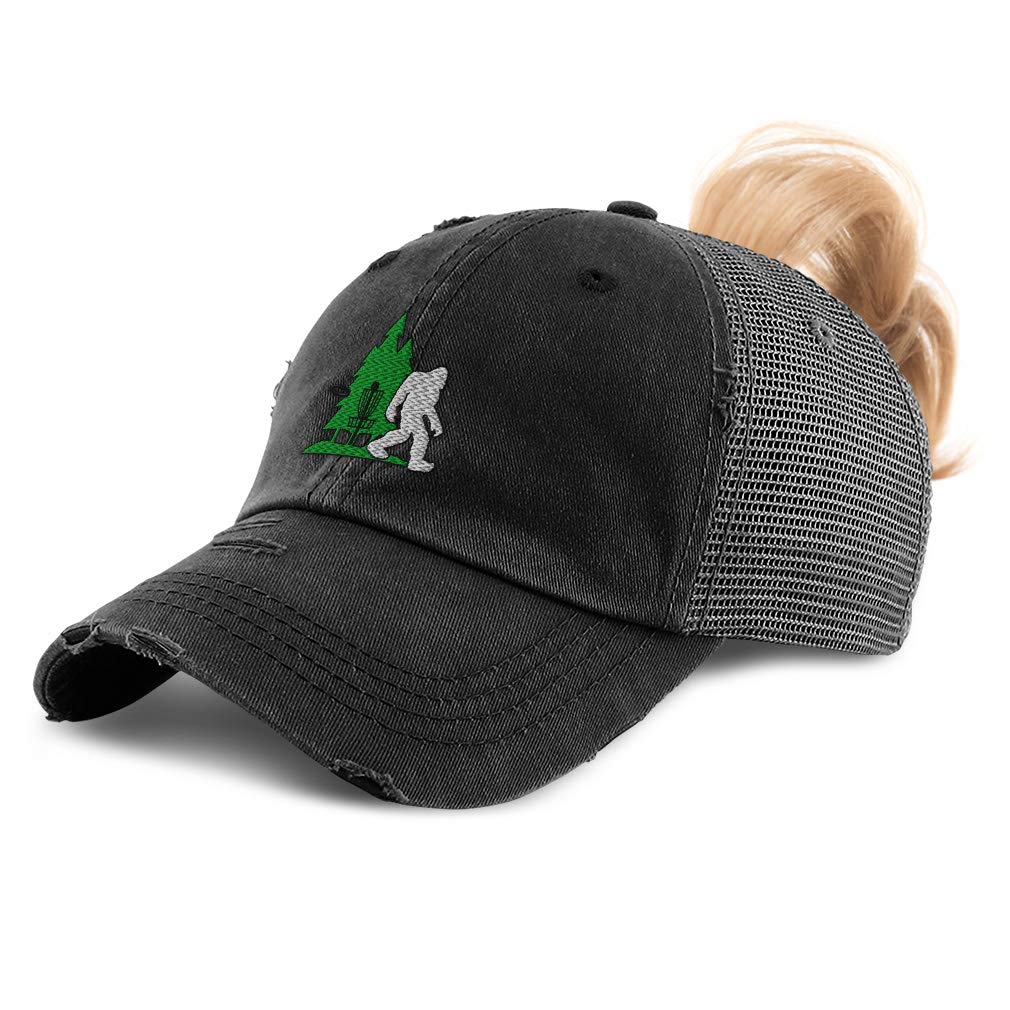 Women's Distressed Trucker Hat with Ponytail Hole - Tree & Yeti Embroidery - Adjustable Snapback Cap for Disc Golf, Outdoor Sports & Casual Wear