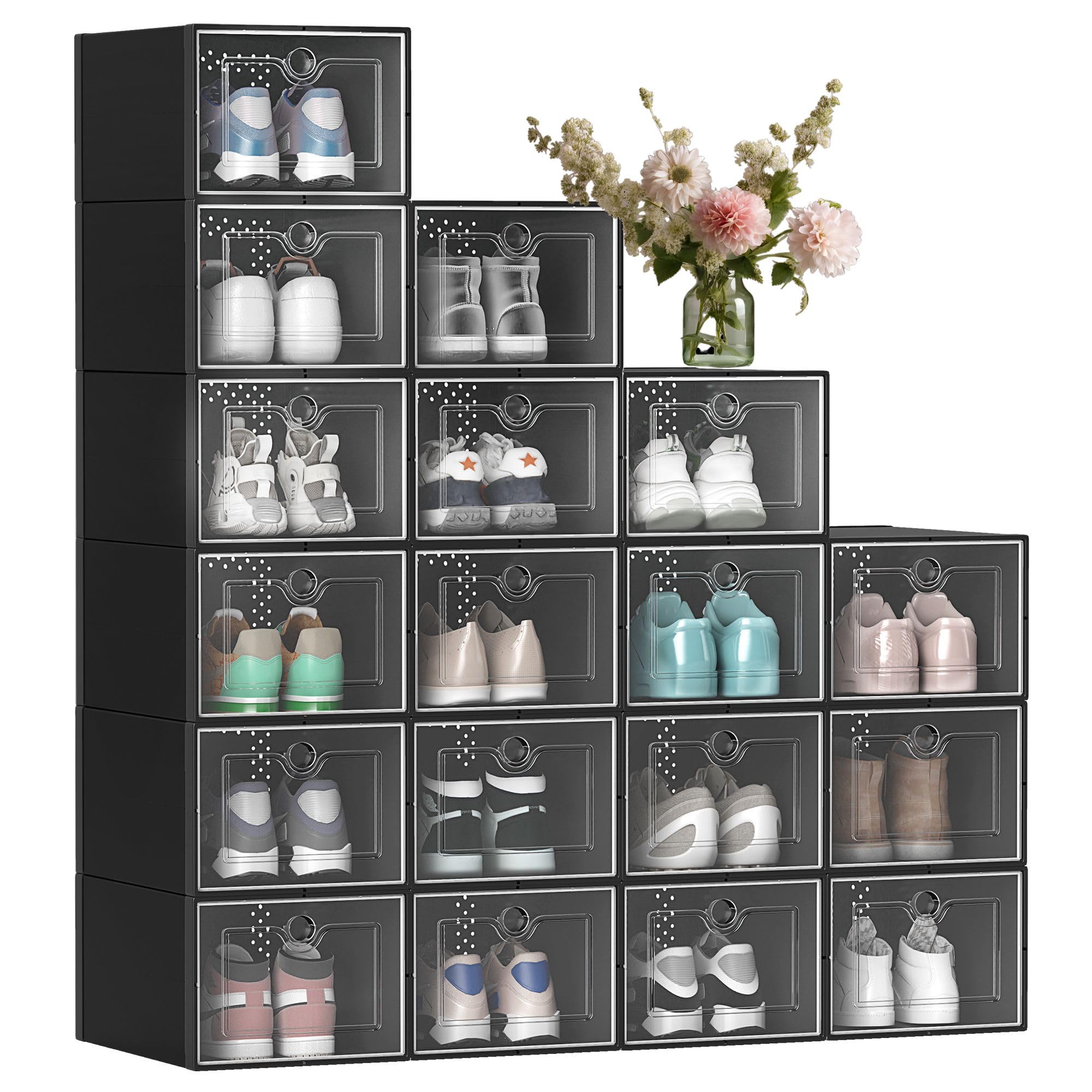 YITAHOME 18 Pack Stackable Shoe Storage Boxes - Fits Up to US Men's Size 13, Clear Plastic Shoe Organizer Containers for Sneakers & Boots (Medium, Black) - Perfect for Closet Organization & Shoe Display
