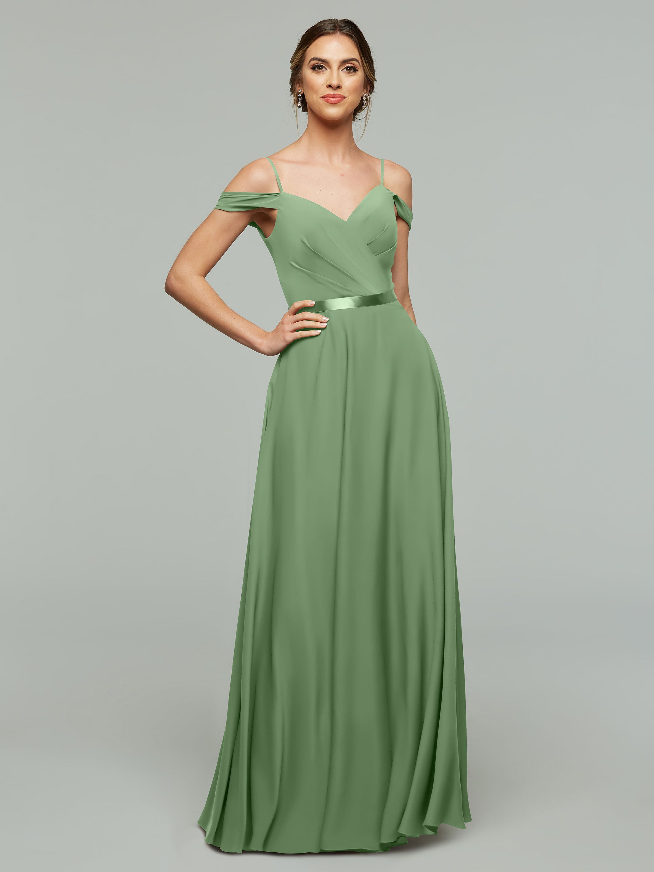 Elegant Off Shoulder Chiffon Bridesmaid Dress with Sash - Flowy A-Line Design for Weddings, Parties & Special Occasions