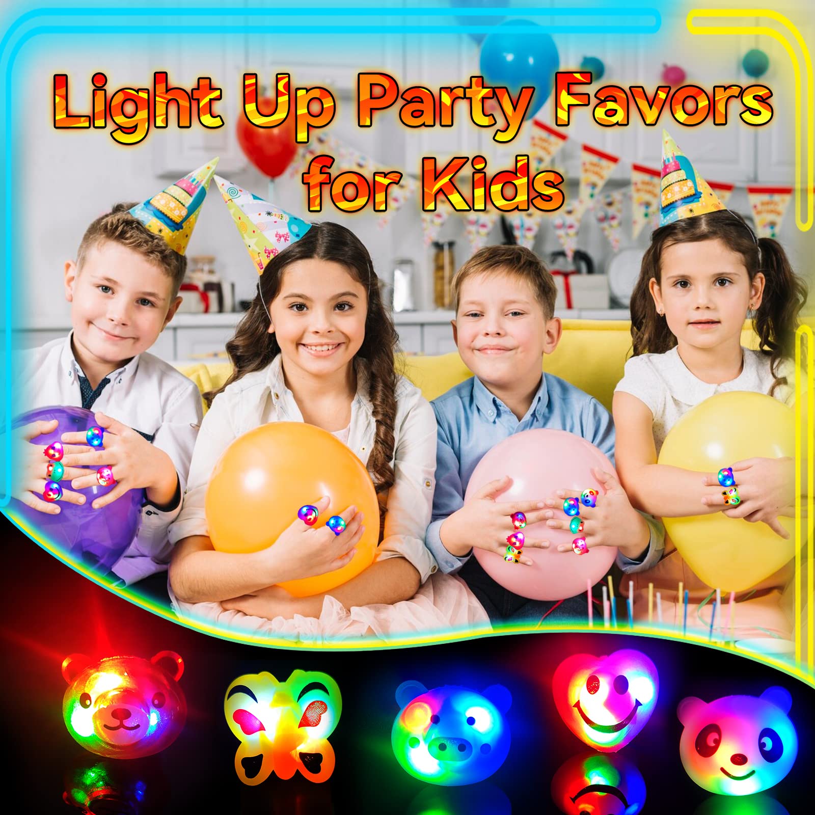 Wakestar 24 Pack LED Light Up Bumpy Rings - Glow Party Favors for Kids, Birthday Prizes, Classroom Rewards & Treasure Box Toys - Fun for Night Parties, Halloween & Christmas Celebrations