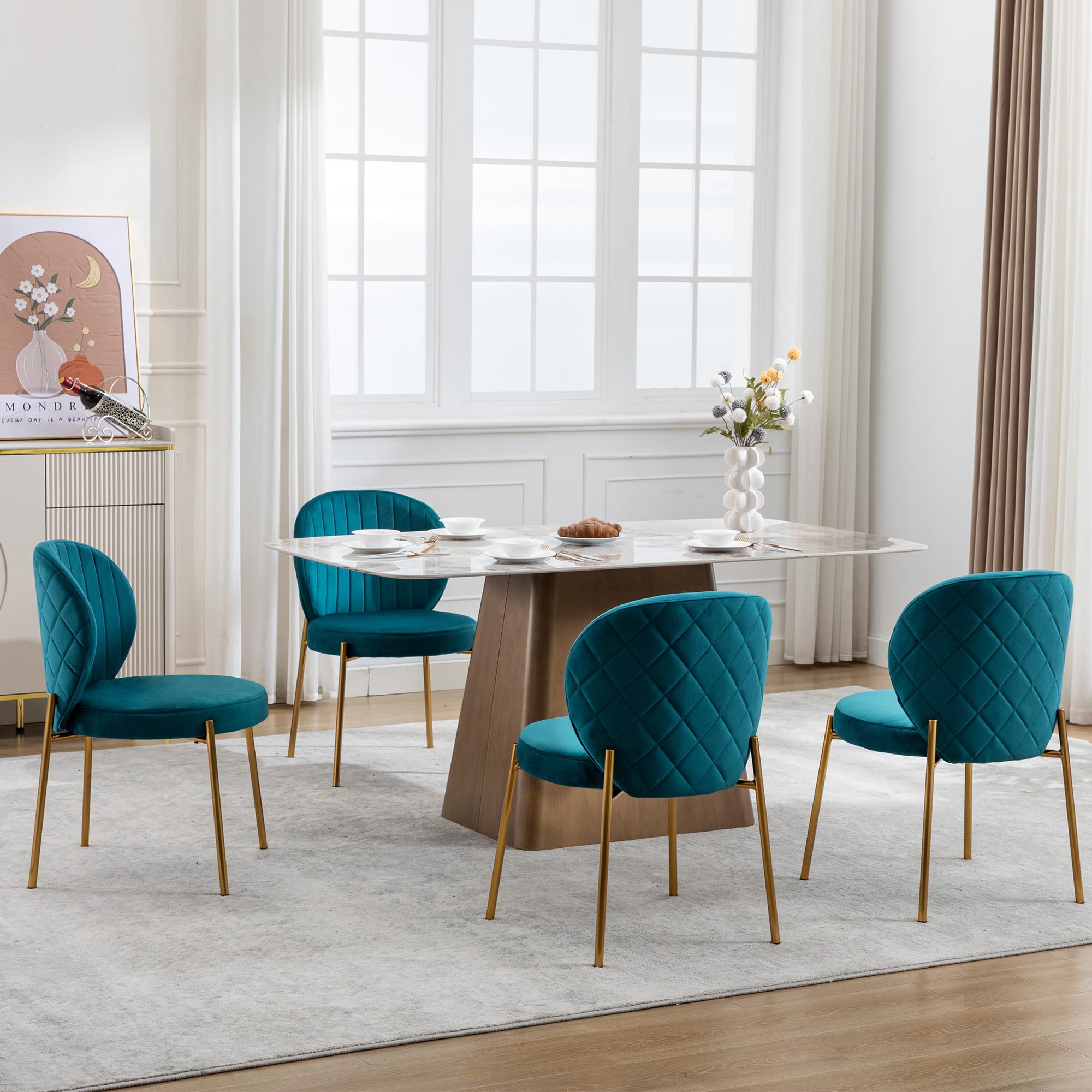 4-Piece Velvet Dining Chairs Set - Mid Century Modern Upholstered Vanity Chairs with Gold Metal Legs for Kitchen, Dining Room & Living Room | Teal Green Home Decor | Comfortable Seating for Entertaining & Daily Use