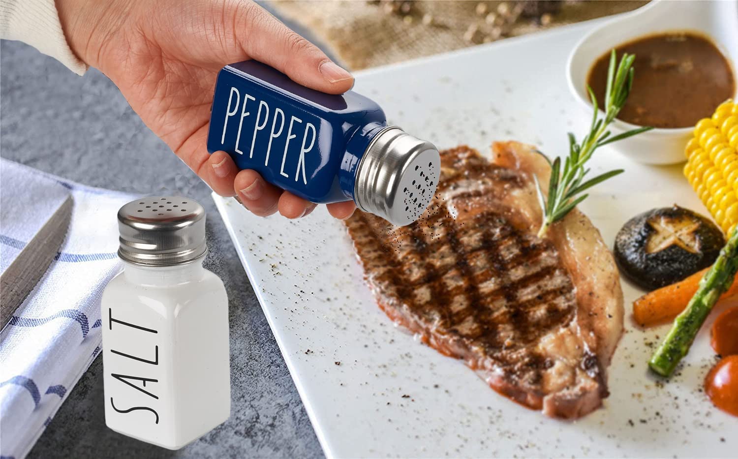 Rustic Farmhouse Glass Salt and Pepper Shakers Set - Elegant Kitchen Decor for Women, Wedding Gift & Home Decoration - Durable No-Words-Rubbing-Off Design (Blue) - Perfect for Dining Tables, Housewarming Gifts, and Country-Style Kitchens