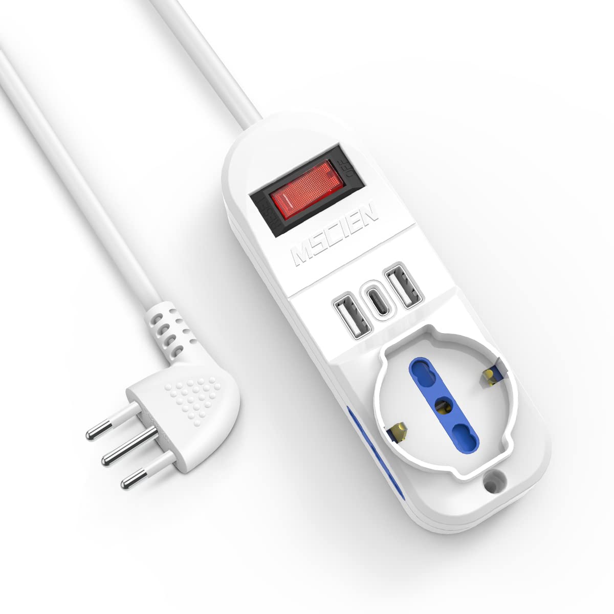 Mscie Multipurpose Travel Power Strip with 3 Outlets (1 Universal & 2 US/EU), 3 USB Ports (2 USB-A + 1 USB-C), Compact Design, White, 2500W/250V, 1.5m Cable - Perfect for Hotels, Dorms & International Travel