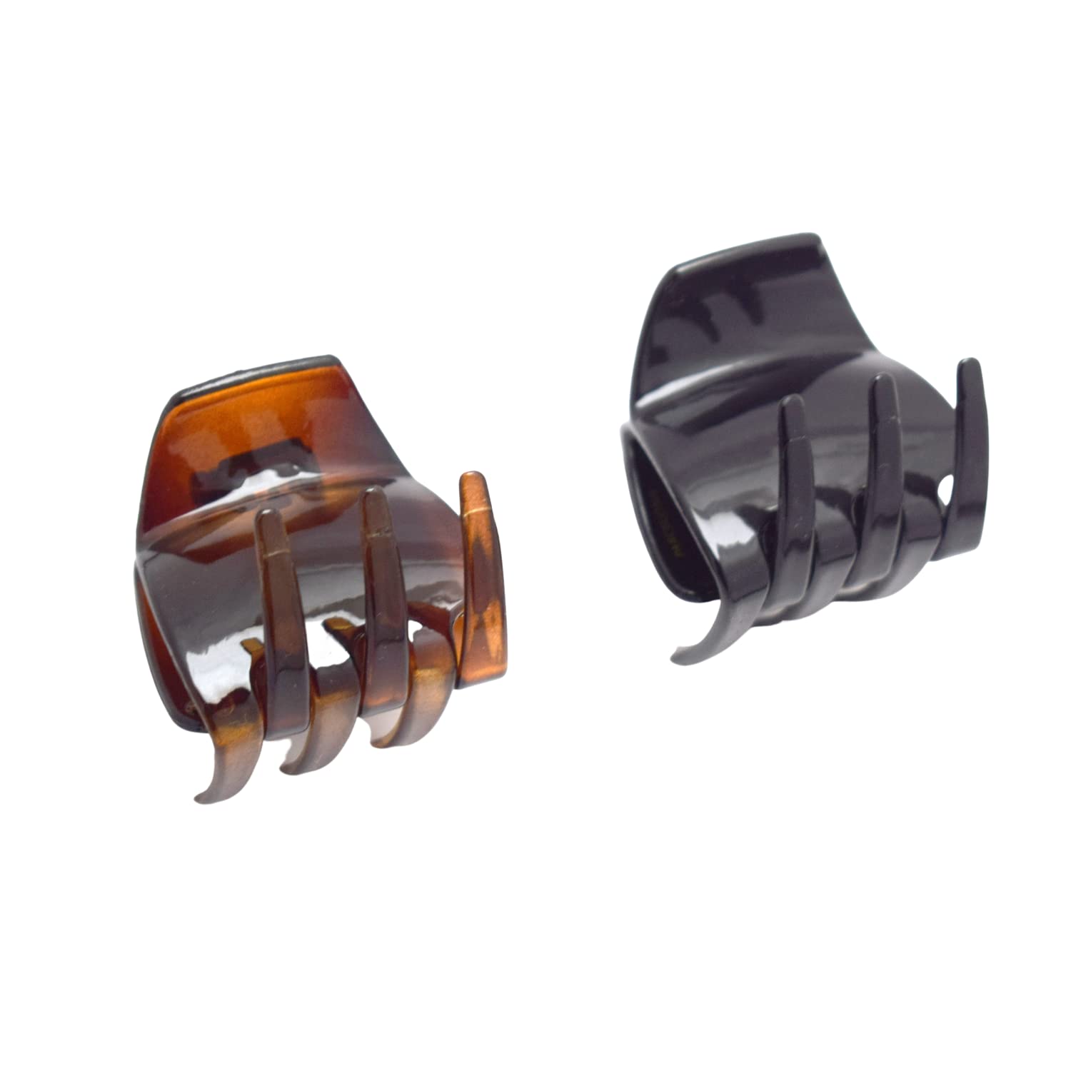 French Neo Small Set of 2 Black & Shell Brown Hair Claw Clips with Inner Teeth - Celluloid Jaw Clamps for Women & Girls - Perfect for Ponytails, Buns & Updos