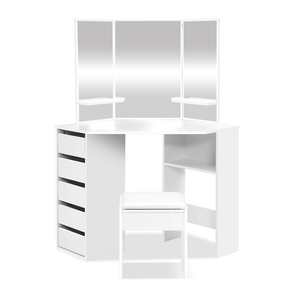 White Corner Dressing Table with Mirror & Stool Set - Vanity Makeup Desk with Adjustable Mirror and Matching Chair for Bedroom, Bathroom, or Dressing Room