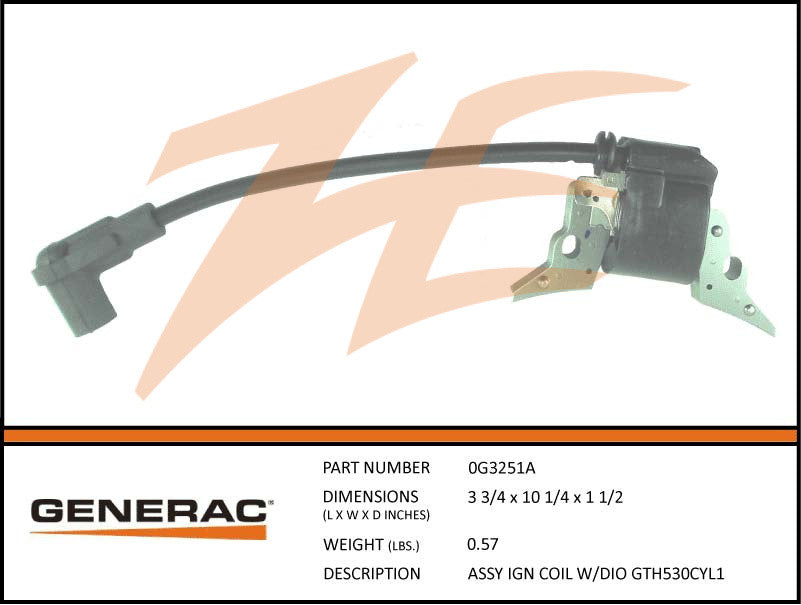 Generac 0G3251TA Ignition Coil Assembly with Diode - Compatible with GT530 Cylinder 1 - Replacement Part for Generac Engines - Perfect for Power Generators, Lawn Mowers & Outdoor Power Equipment