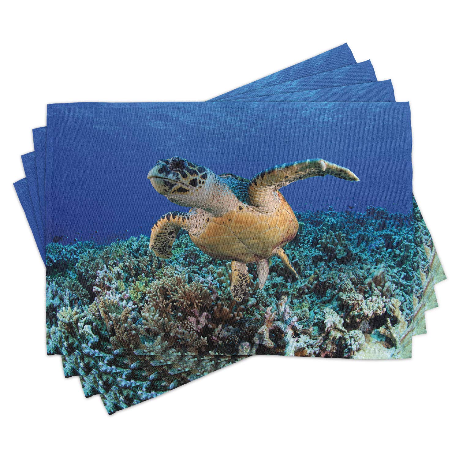 Ambesonne 4-Pack Turtle Place Mats - Deep Blue Ocean Endangered Wildlife Photo Design, Washable Fabric Table Mats for Dining Room & Kitchen Decor in Violet, Blue & Pale Brown - Perfect for Beach Themed Parties & Eco-Friendly Home Decor