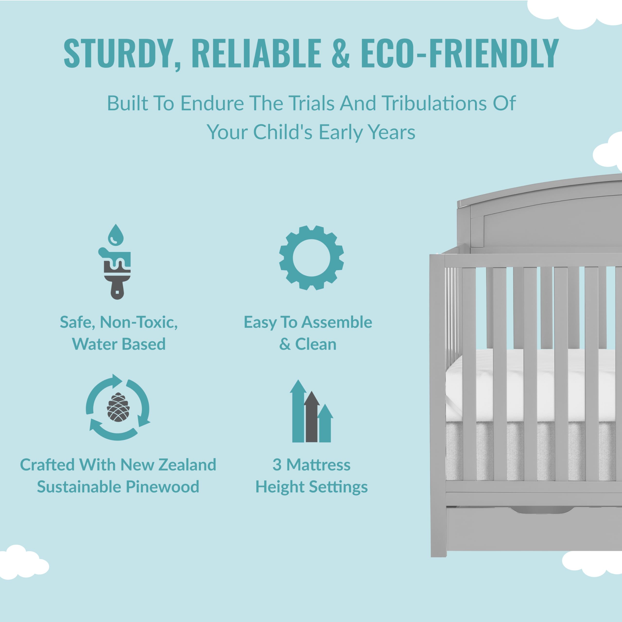 Dream On Me Storybrooke 5-in-1 Convertible Crib with Under Drawer - Pebble Grey | JPMA & Greenguard Gold Certified | Sustainable Pinewood | Non-Toxic Water-Based Paint | Nursery Furniture for Baby & Toddler Rooms | Space-Saving Design for Small Bedrooms