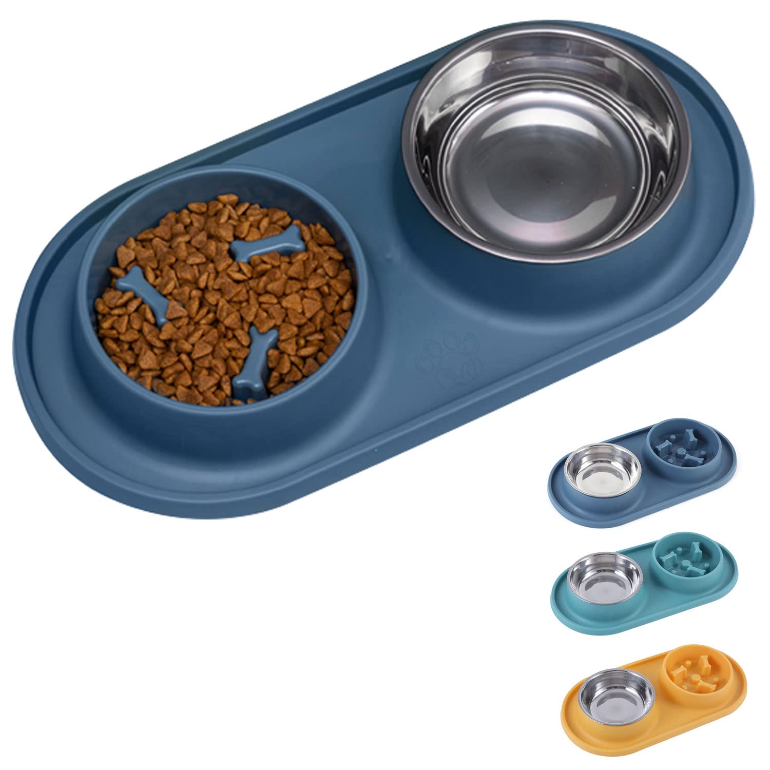 Petygooing Slow Feeder Dog Bowl - 13.5oz Stainless Steel 3-in-1 Pet Food & Water Bowl with Non-Slip Silicone Mat - Puzzle Feeder for Small Dogs & Cats - Perfect for Fast Eaters & Messy Pets at Home or Travel