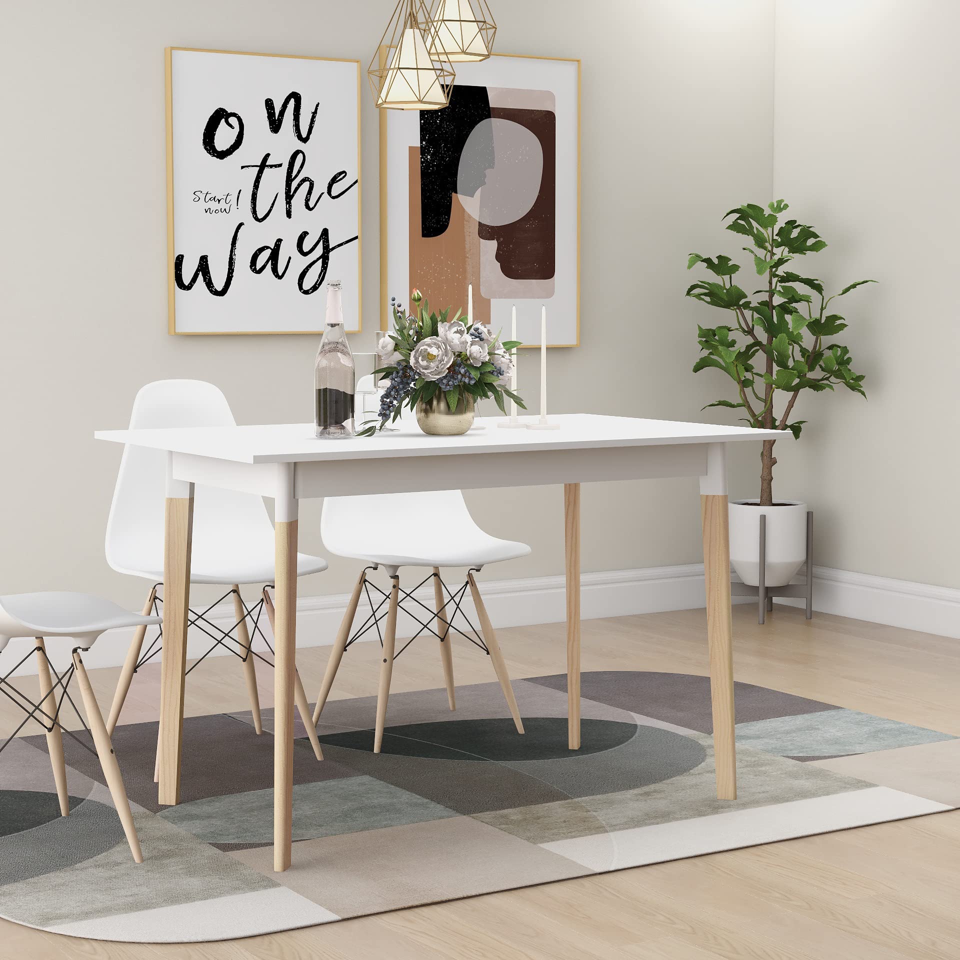 47 Inch Modern White Dining Table - Solid Wood Legs Rectangular Kitchen Table for Small Spaces, Apartments & Family Gatherings
