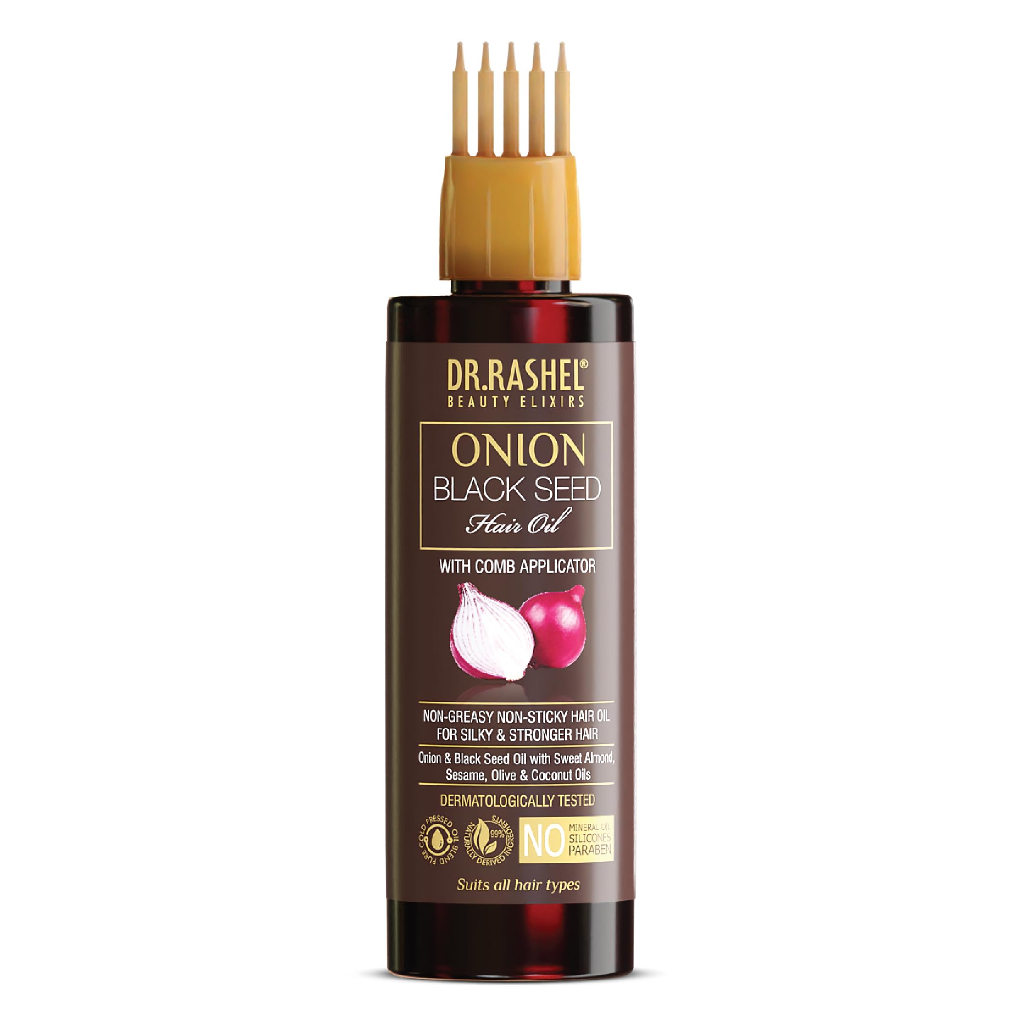 DR.RASHEL Onion Oil with Black Seed - Hair Growth Treatment for Thicker & Stronger Hair - Comb Applicator Included - Controls Hair Fall - Paraben & Silicone Free - 100ml - Perfect for Daily Hair Care & Scalp Massage