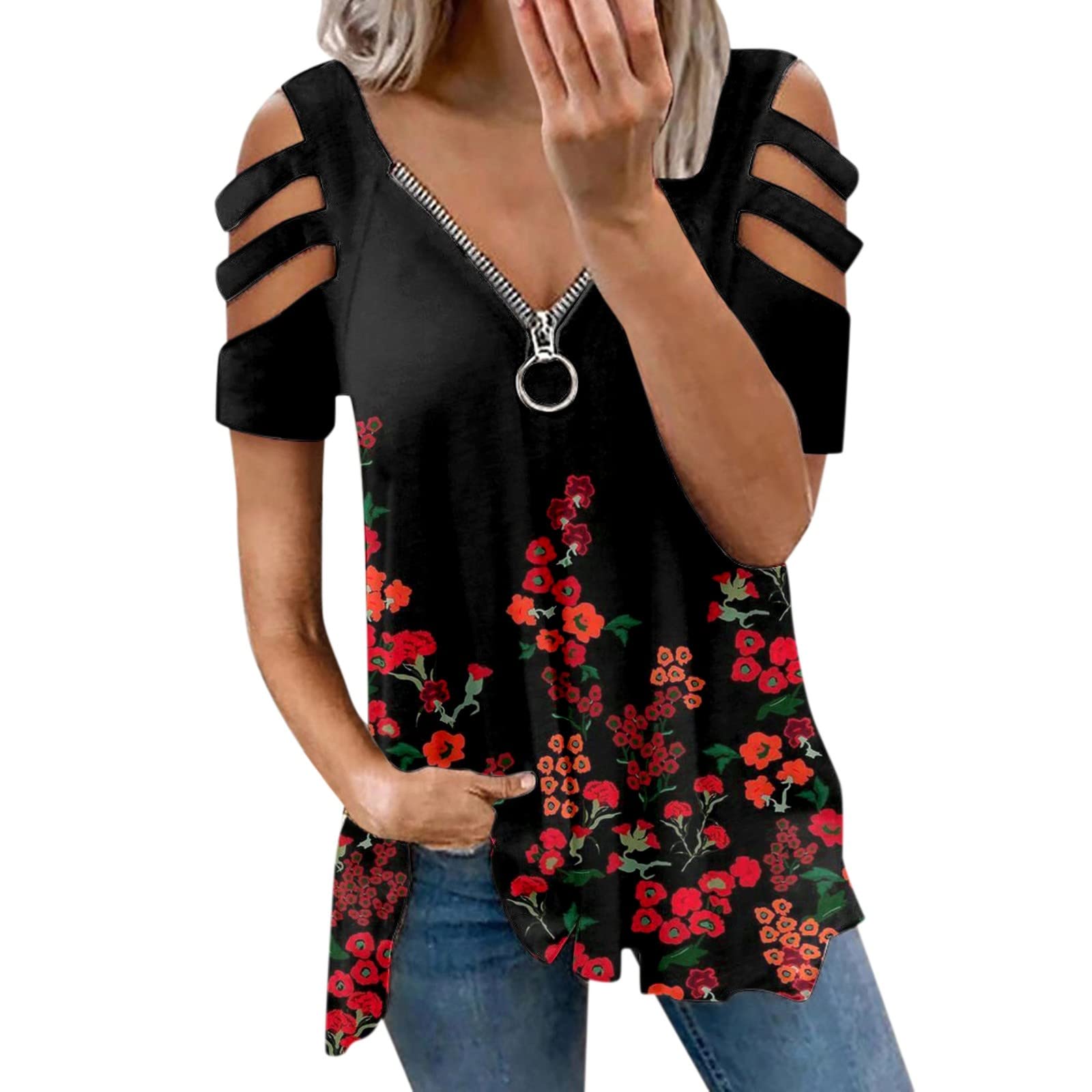 Women's Cold Shoulder Zipper Short Sleeve T-Shirt - Stylish Print Blouse for Casual & Dressy Occasions | Perfect Fall & Summer Tunic Top for Work, Date Night & Weekend Outfits