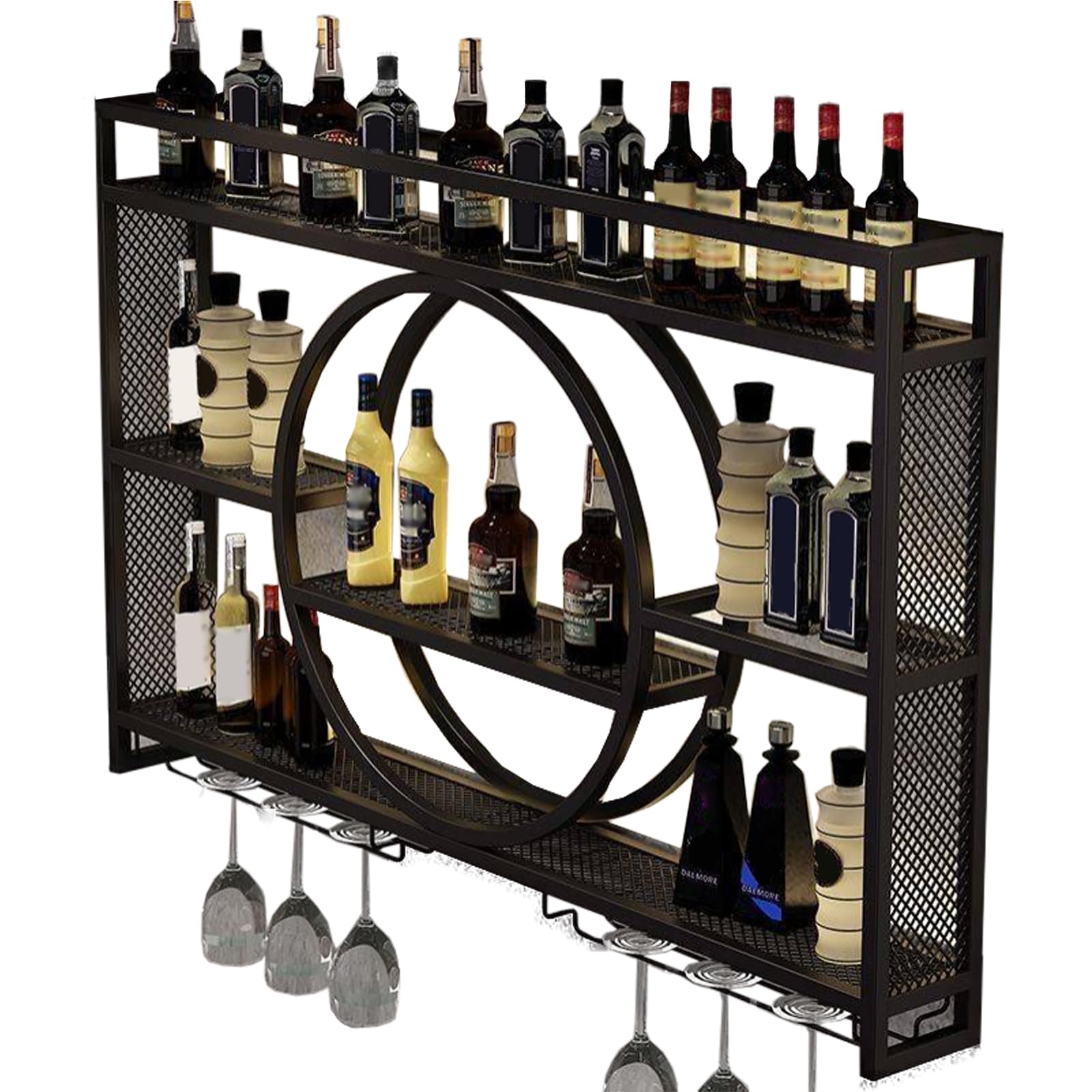 Modern Round Wall Mounted Wine Rack - Large Capacity Hanging Iron Display Stand for Kitchen, Living Room & Bar - Decorative Bottle Storage Organizer (Black, 39.3 x 5.9 x 31.4 Inches) - Perfect for Home Decor, Entertaining Guests & Space-Saving Wine Display