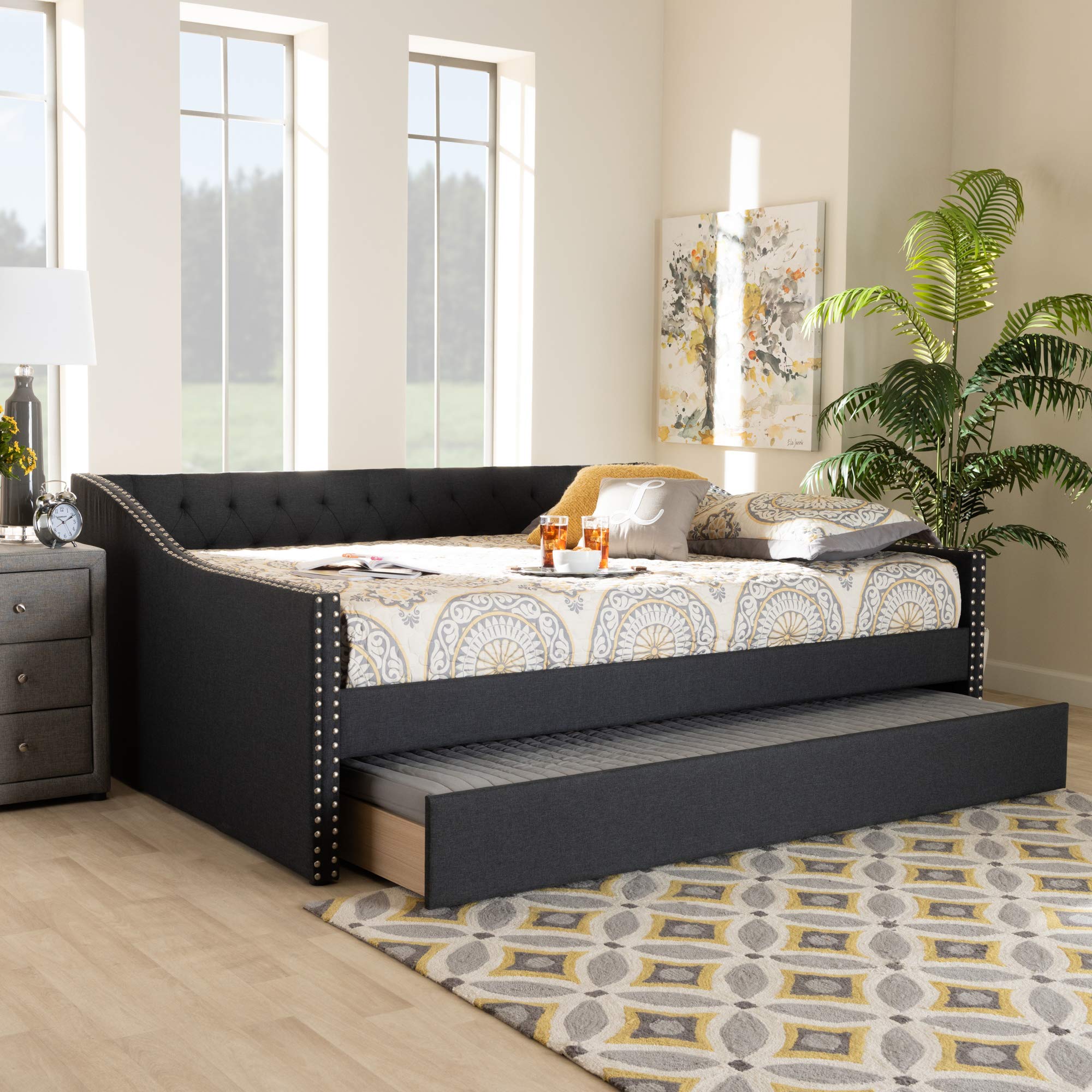 Baxton Studio Modern Queen Daybed with Trundle - Dark Grey Upholstered Sleeper Sofa for Guest Room, Living Room & Small Spaces
