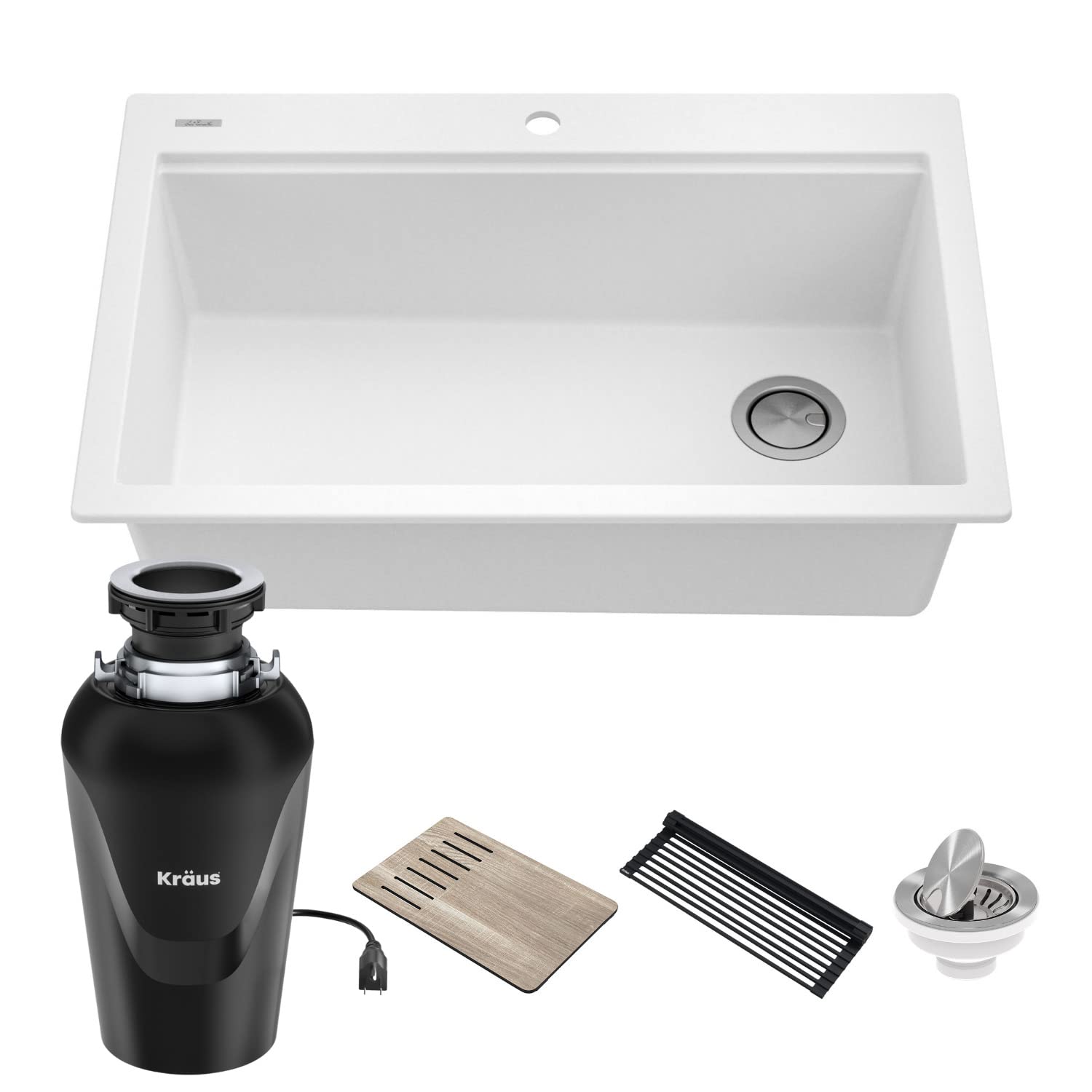 KRAUS Bellucci 33-Inch Drop-In Granite Composite Single Bowl Kitchen Sink in White with Accessories & WasteGuard™ Garbage Disposal – Perfect for Modern Kitchens, Dishwashing & Food Prep