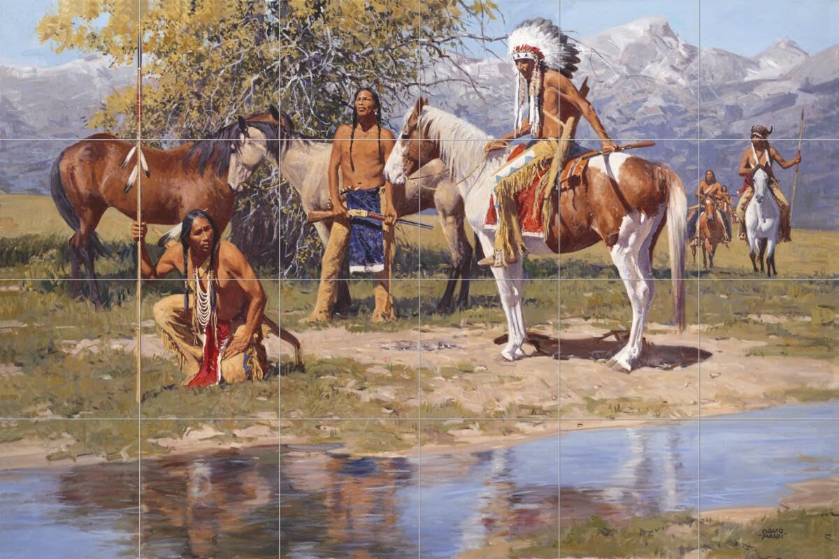 Ceramic Backsplash Tile Mural - Native American Indian Art by David Mann - The Still Warm Camp Design - Waterproof Kitchen & Bathroom Wall Decor for Southwestern & Rustic Home Interiors