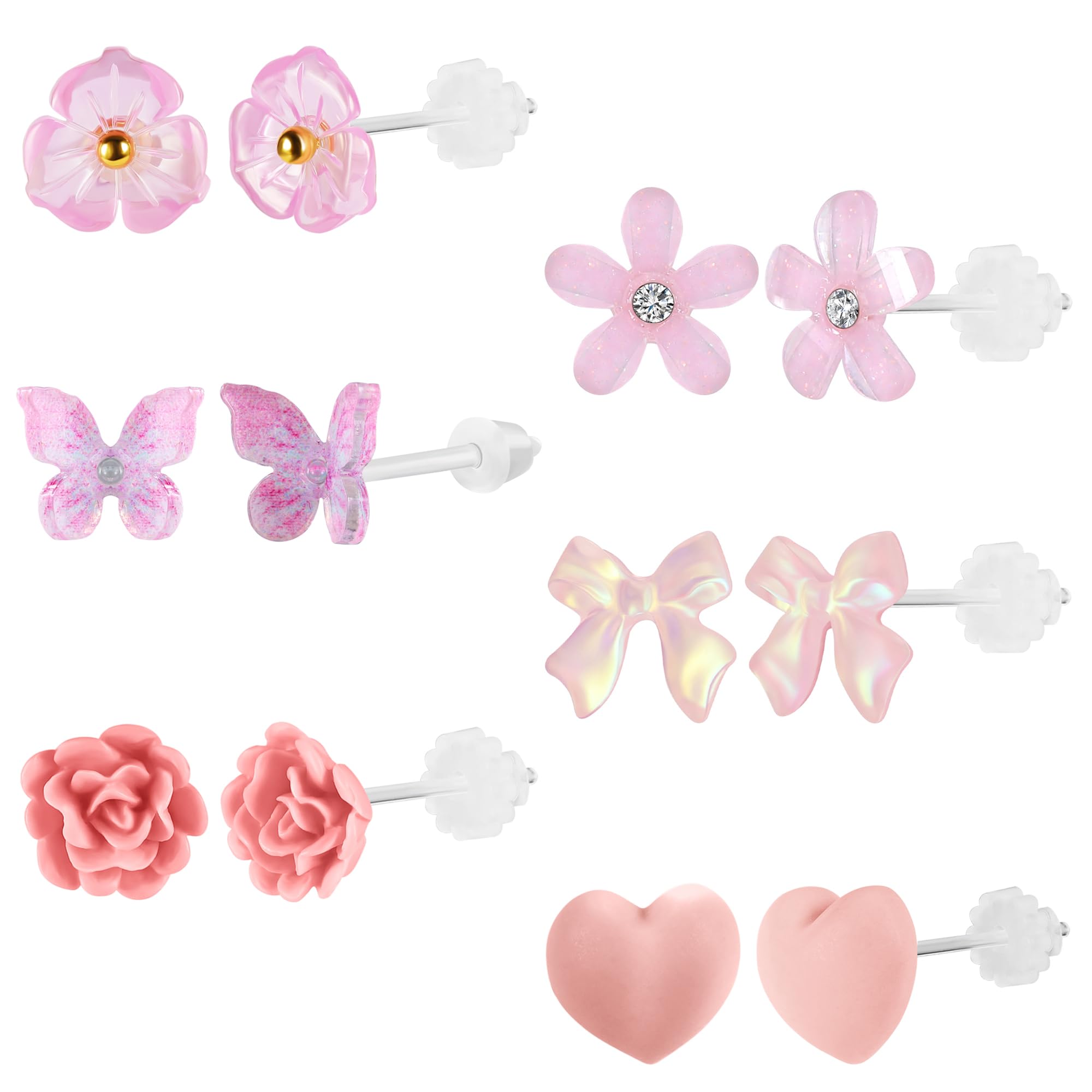 AoedeJ 6 Pairs Hypoallergenic Plastic Earrings for Women & Girls - Clear Stud Earrings for Sensitive Ears, School, Daily Wear & Casual Outfits