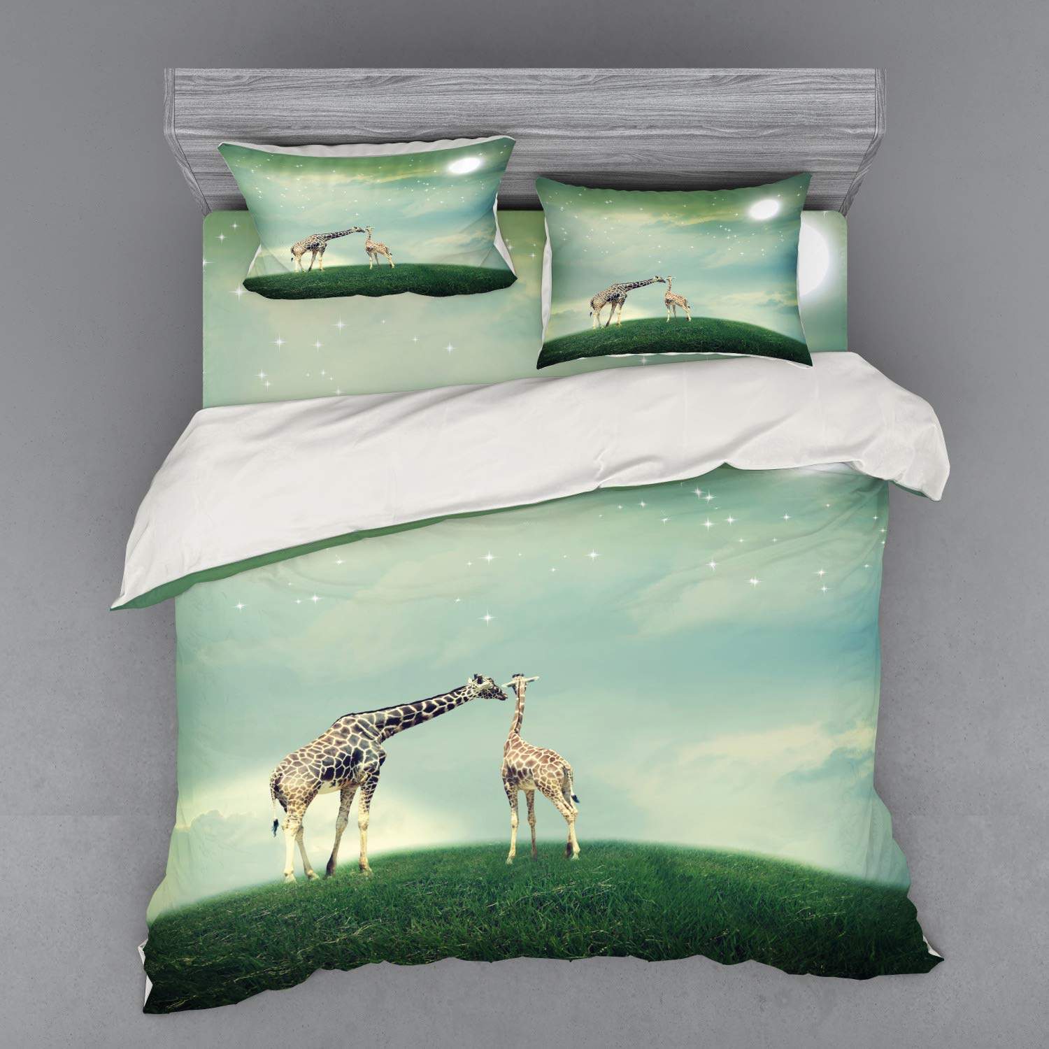 Ambesonne Giraffe 3-Piece King Size Duvet Cover Set - Mother Giraffe on Meadow with Stars & Moon Design, Includes Sham & Fitted Sheet, Multicolor - Perfect for Kids' Rooms, Jungle-Themed Bedrooms & Wildlife Lovers
