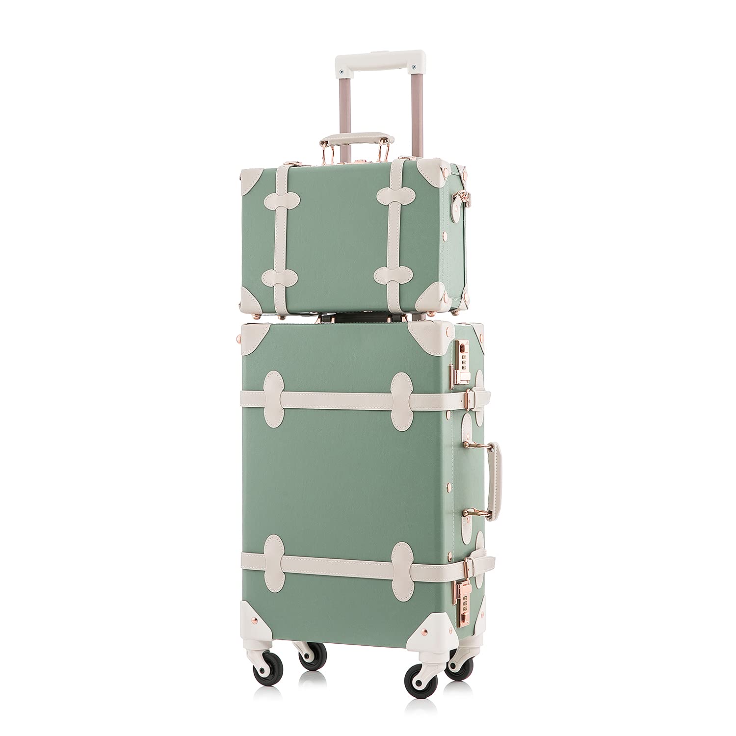 Vintage 2-Piece Suitcase Set with Cosmetic Train Case - 20in Carry-On & 12in Makeup Bag for Women in Mint Green | Perfect for Travel, Weekend Getaways & Airplane Carry-On Luggage