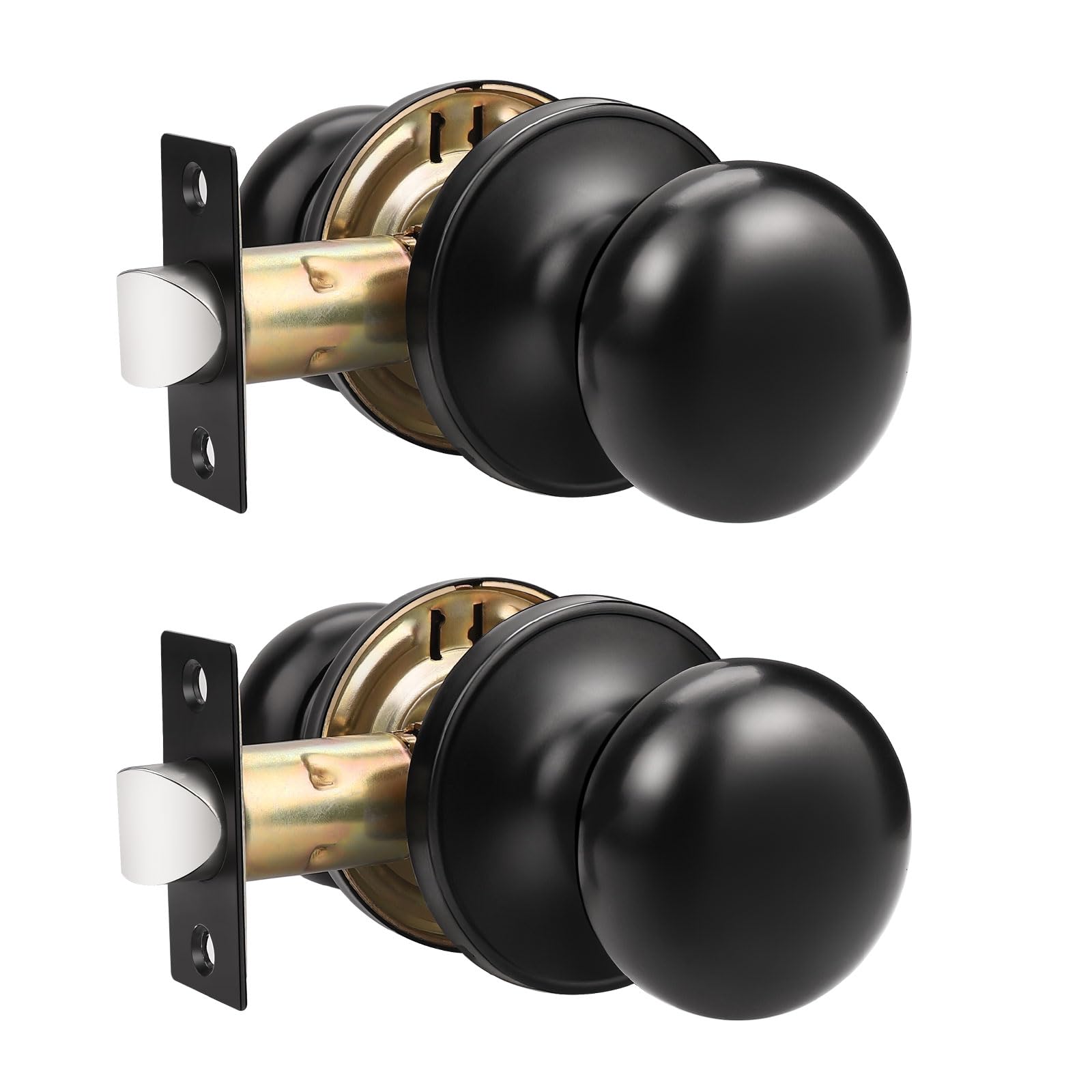 Gobekor 2 Pack Matte Black Keyless Interior Door Knobs with Lock - Stainless Steel Passage Round Knobs for Bedroom, Closet & Bathroom Doors