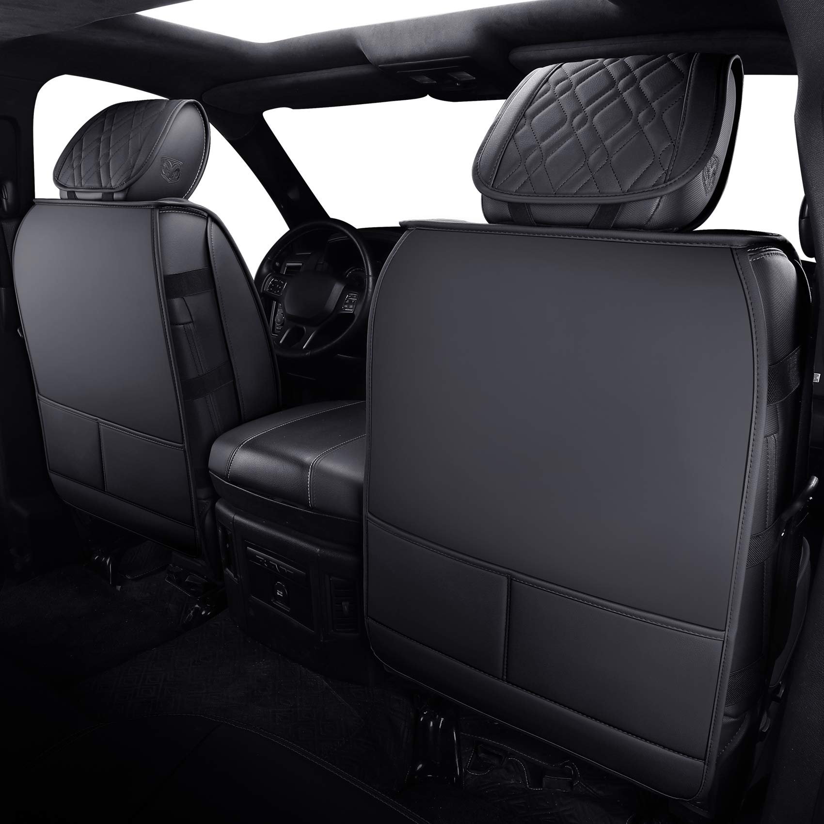 Premium Dodge Ram Seat Covers Full Set - Custom Fit for 2009-2025 Ram 1500/2500/3500 Pickup Trucks - Waterproof Leather Cushions for Crew/Double/Quad Cab (Black) - Perfect for Road Trips, Off-Road Adventures & Daily Commutes
