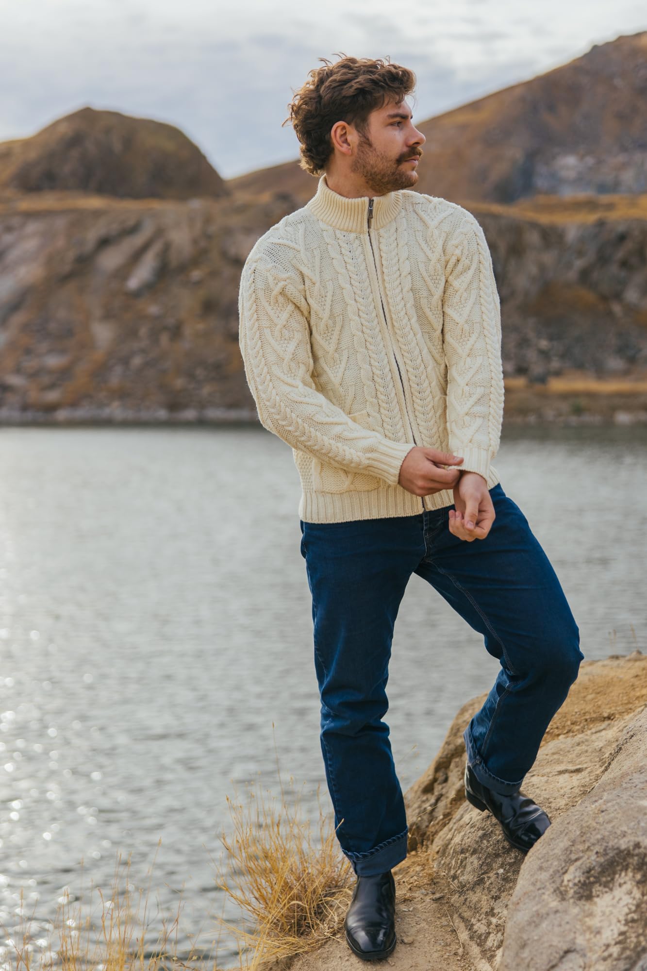 100% Merino Wool Men's Winter Warm Cable Knit Cardigan Sweater with Zipper & Pockets - Charcoal & Army Green | Cozy Fall & Winter Layering for Outdoor Activities & Casual Wear
