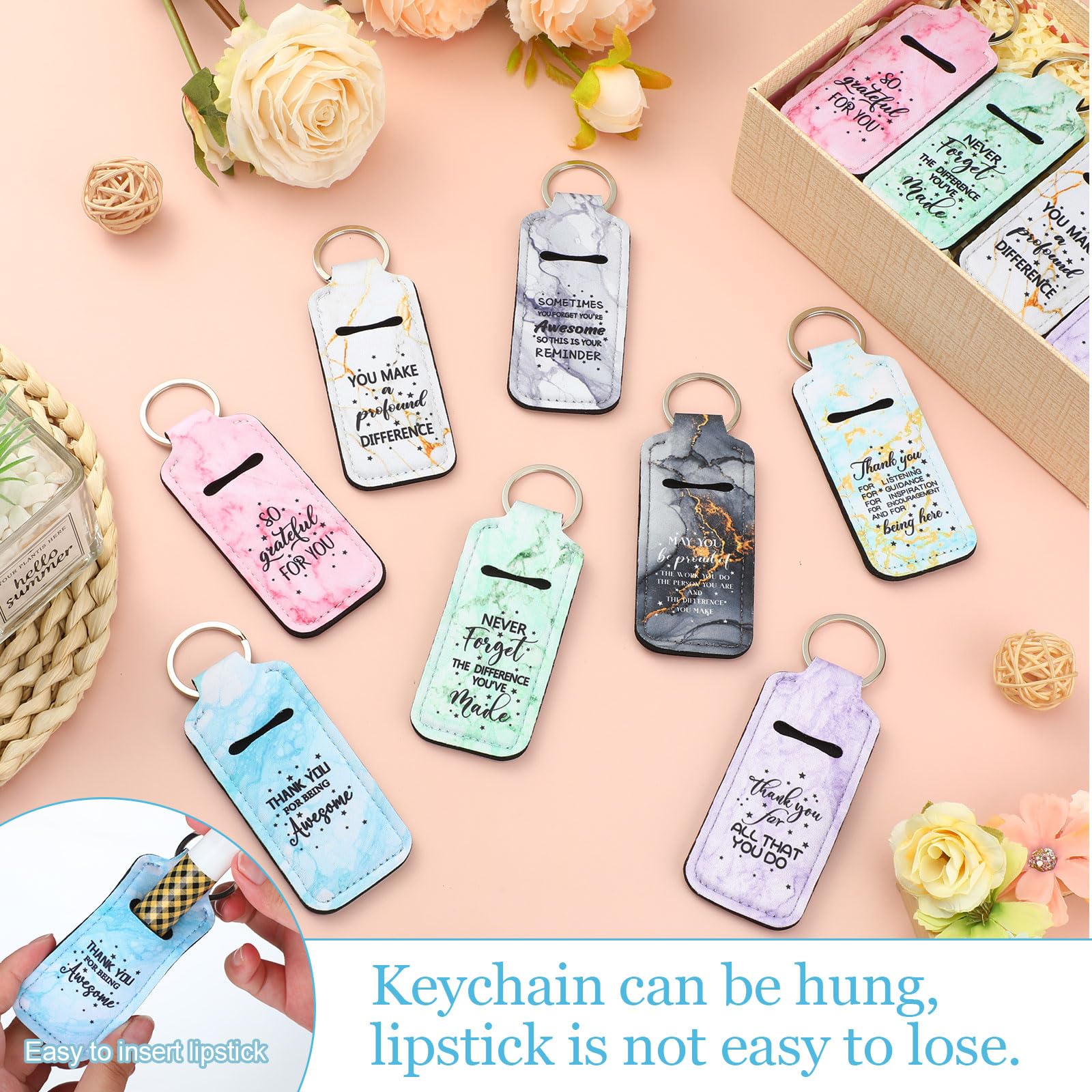 72 Pcs Marble Lipstick Holder Keychain Set - Portable Lip Gloss Pouch Organizer with Inspirational Quote (Great for Travel, Makeup Bags & Gifts)