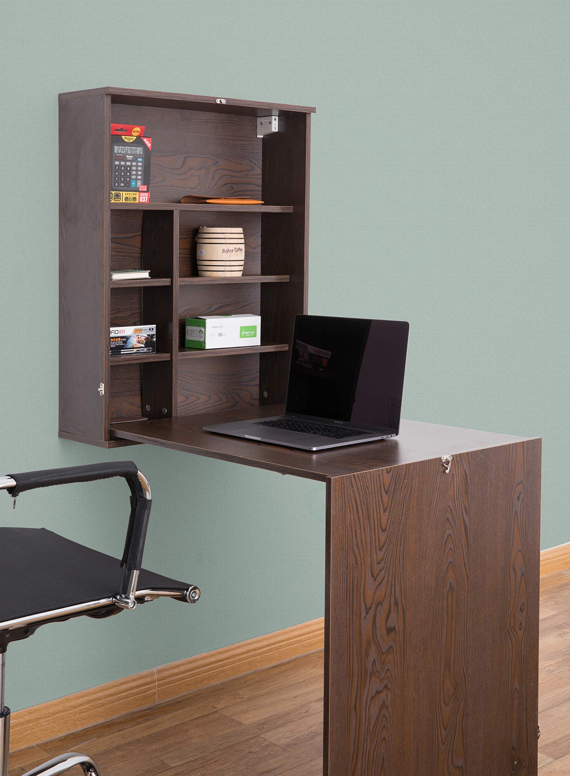 Basicwise Wall Mount Fold-Out Laptop Desk with Storage Shelves - Space Saving Home Office Furniture for Small Spaces, Brown - Perfect for Bedroom, Dorm, RV & Compact Living Areas