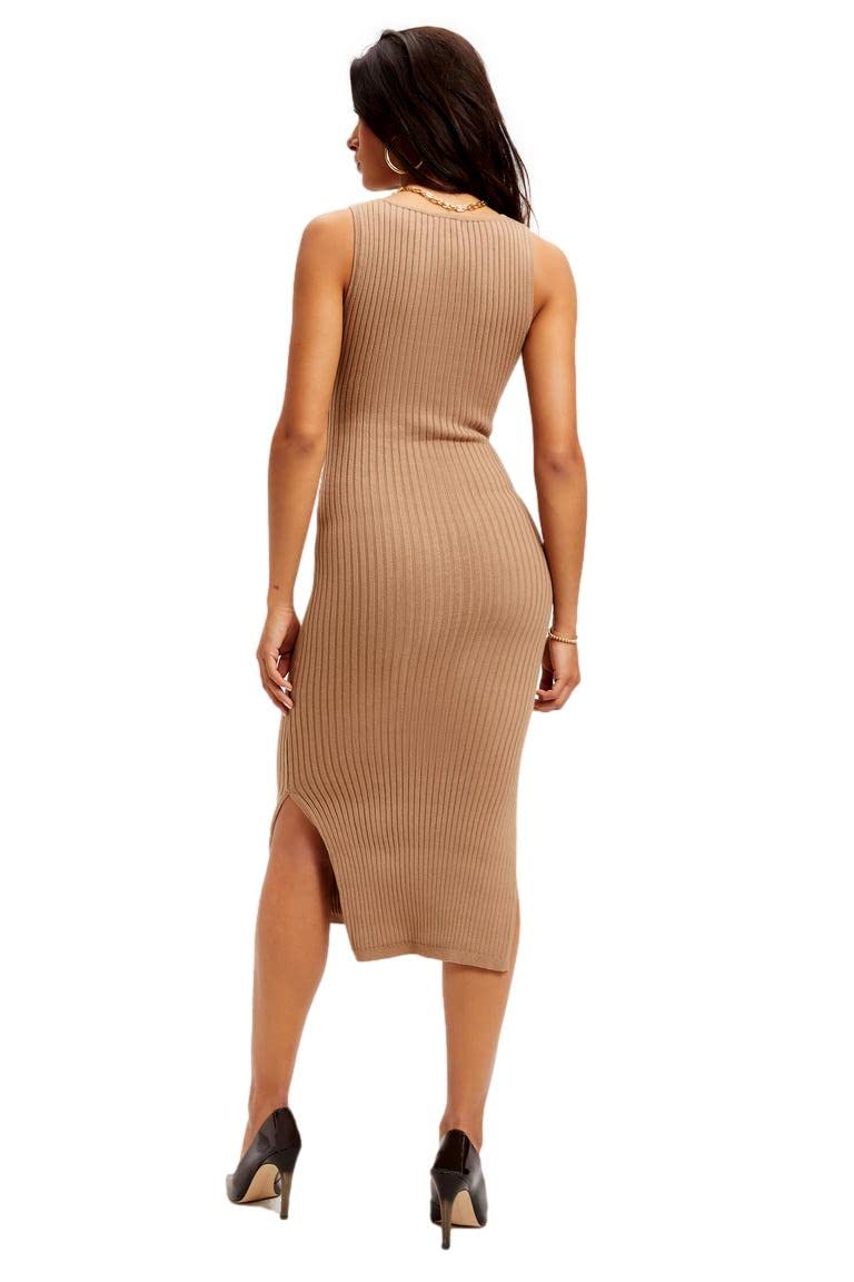 Good American Belted Body Dress for Women - Slim Fit Taupe Midi Dress, Perfect for Office, Date Night & Special Occasions