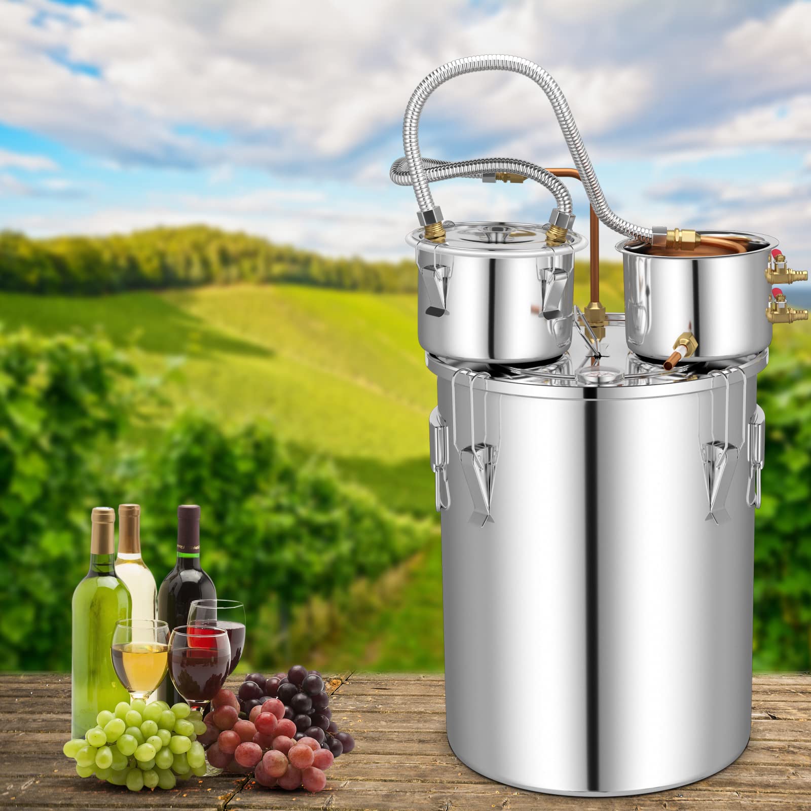 Giantex 10 Gallon Alcohol Still Kit - 3 Pots Stainless Steel Distiller for Water, Alcohol & Oil with Built-in Thermometer & Copper Tubes - Multi-Functional Home Brewing Equipment for Whiskey, Brandy & Moonshine - Perfect for DIY Spirits, Essential Oils & Distilled Water Production