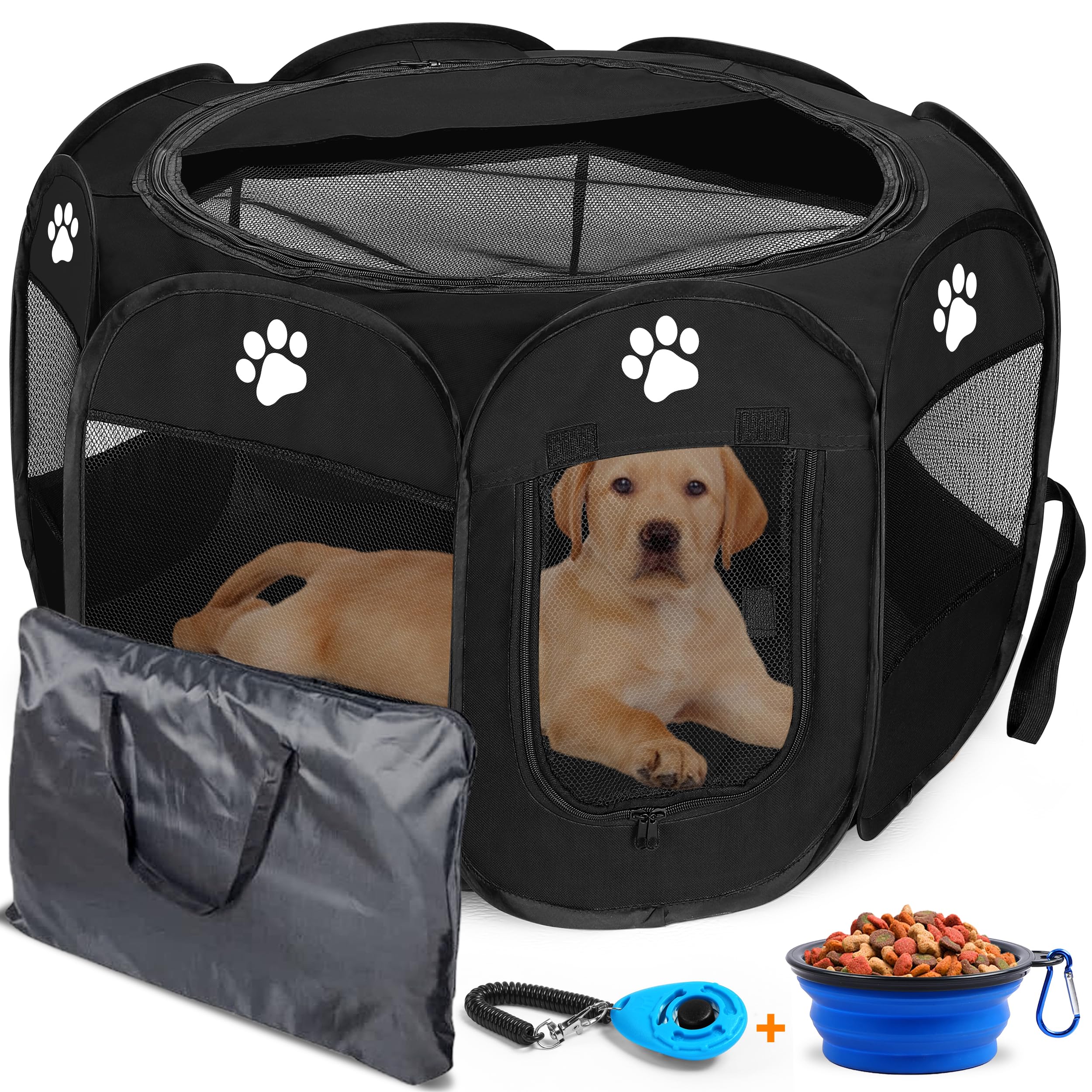 Portable Foldable Dog Playpen for Small Medium Large Dogs - Indoor & Outdoor Puppy Kennel with Travel Bag & Toys (Small, Black) - Perfect for Home, Travel, Camping & Backyard Play