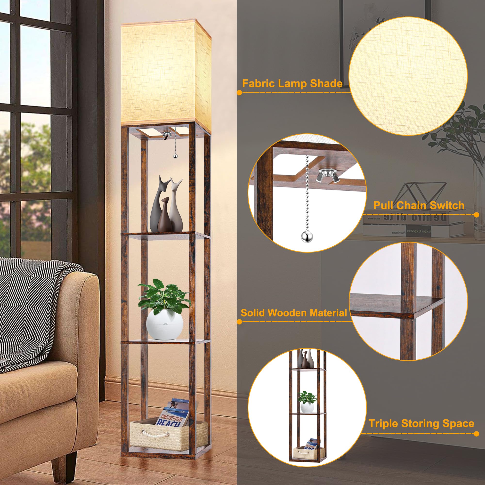 Modern Floor Lamp with Shelves - 3-Tier Corner Standing Lamp with Adjustable CCT LED Bulb, White Linen Shade - Perfect for Living Room, Bedroom & Office Organization - Space-Saving Shelf Tower for Books, Decor & Nightstand Essentials