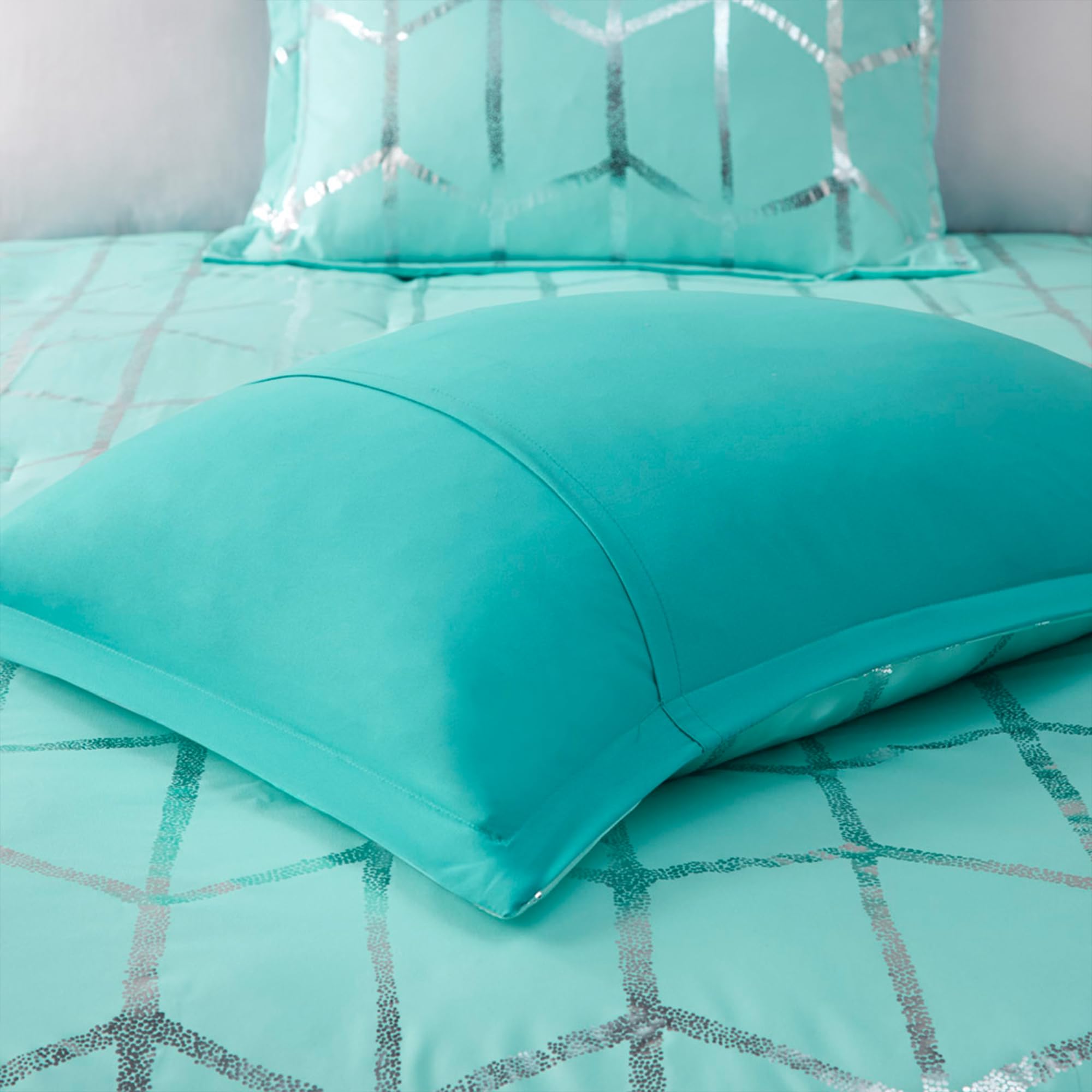 **Raina Twin/Twin XL Comforter Set - Soft Microfiber Geometric Bedding, Modern Metallic Design, 4-Piece College Dorm Set with 1 Sham & 2 Toss Pillows (Aqua) - Perfect for Teens, Kids Rooms & Dorm Decor**