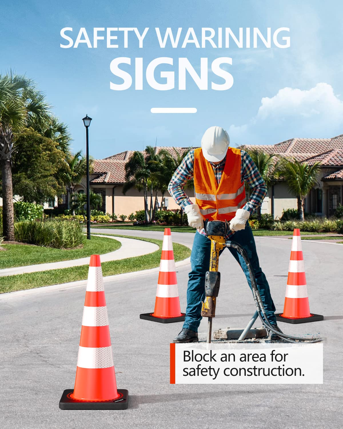 (4 Pack) BATTIFE 36 Inch Heavy Duty Traffic Cones with Weighted Black Base - High Visibility PVC Orange Safety Cones for Road Construction, Parking Control, Driveway Safety & Outdoor Events - Perfect for Traffic Management, School Zones & Emergency Situations
