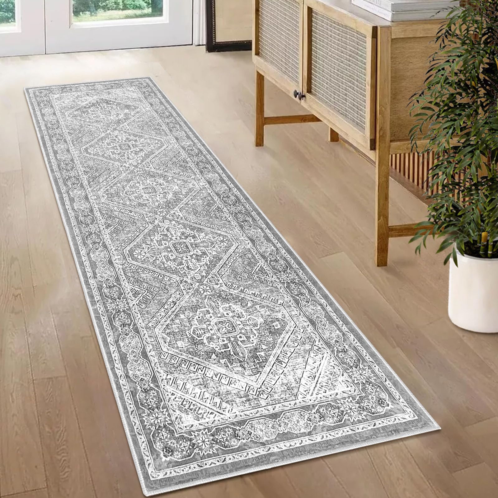 KUTA Washable Runner Rug 2x6 - Non-Slip Vintage Grey Kitchen Rug, Ultra Soft Printed Distressed Tribal Farmhouse Carpet for Hallway, Laundry, Bedroom & Living Room - Perfect for High Traffic Areas & Cozy Home Decor