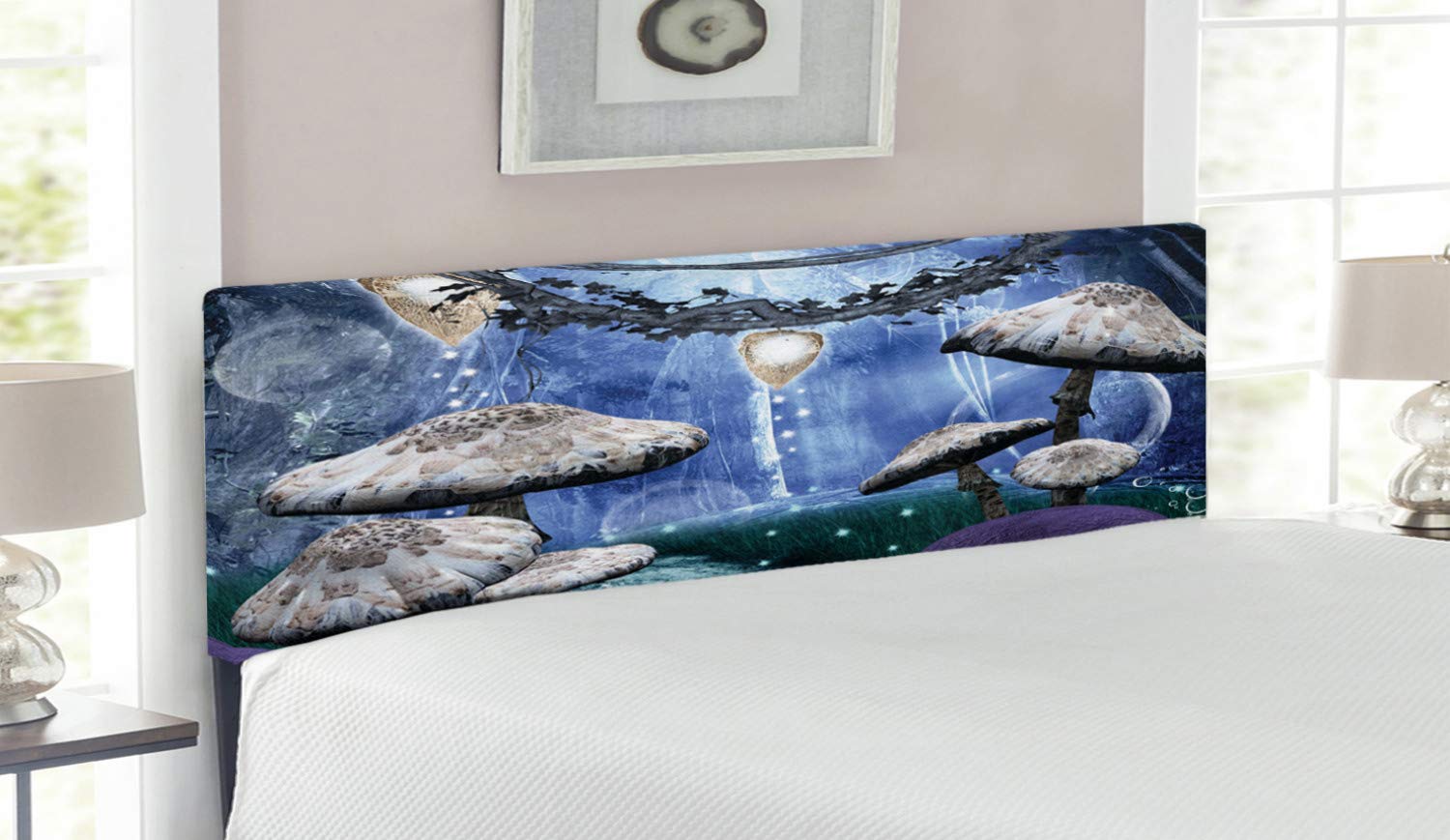 Ambesonne Trippy Headboard - Abstract Dreamlike Forest Night Scenery with Mushrooms, Pixie Dust & Bubbles | Upholstered Decorative Metal Bed Headboard with Memory Foam | Queen Size Multicolor | Perfect for Bohemian & Fantasy Bedroom Decor