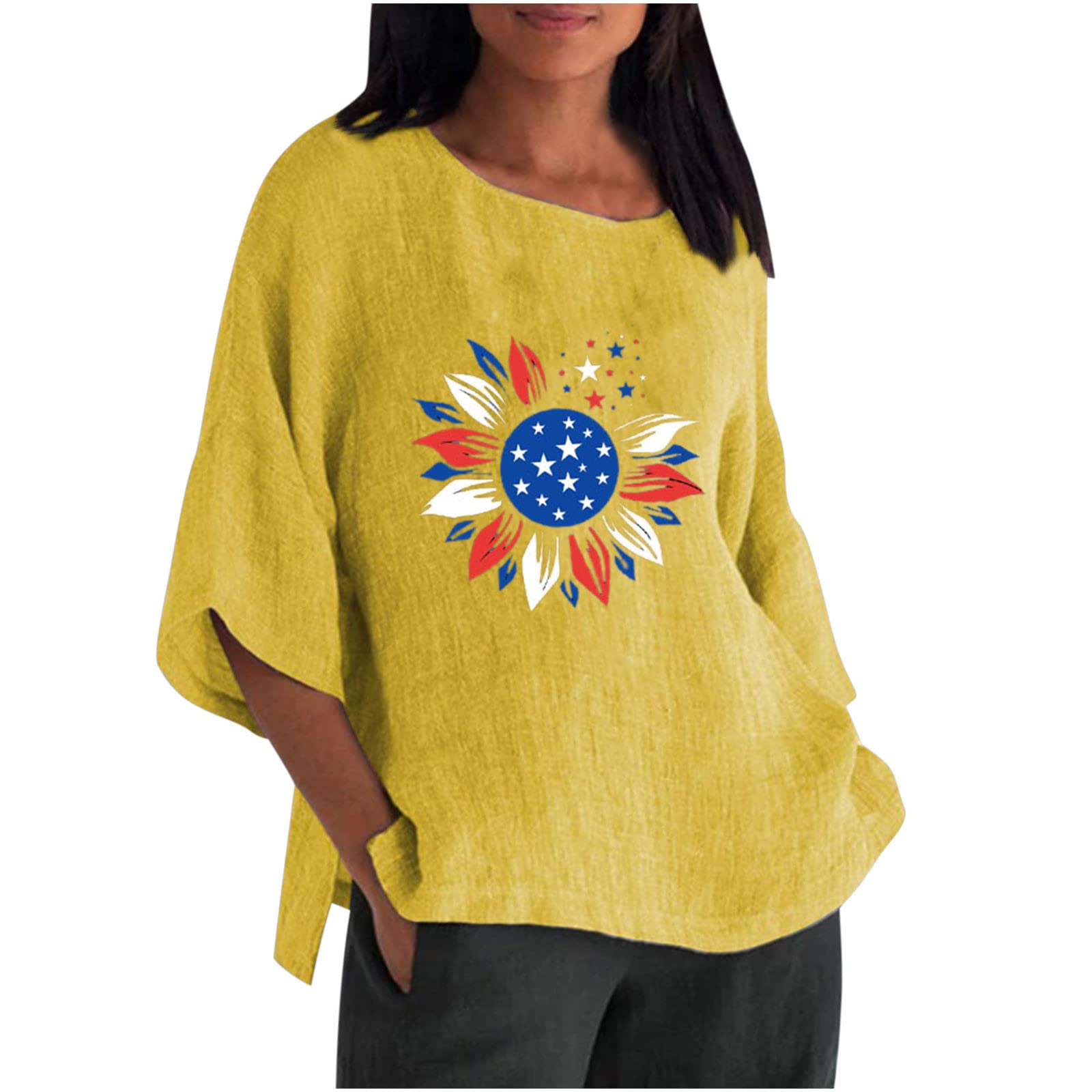 Women's Cotton Linen Blouse - 3/4 Sleeve Round Neck Tunic Top for Summer | Casual Loose Fit Plus Size Shirt | Perfect for Beach Outings, Office Wear & Weekend Brunch