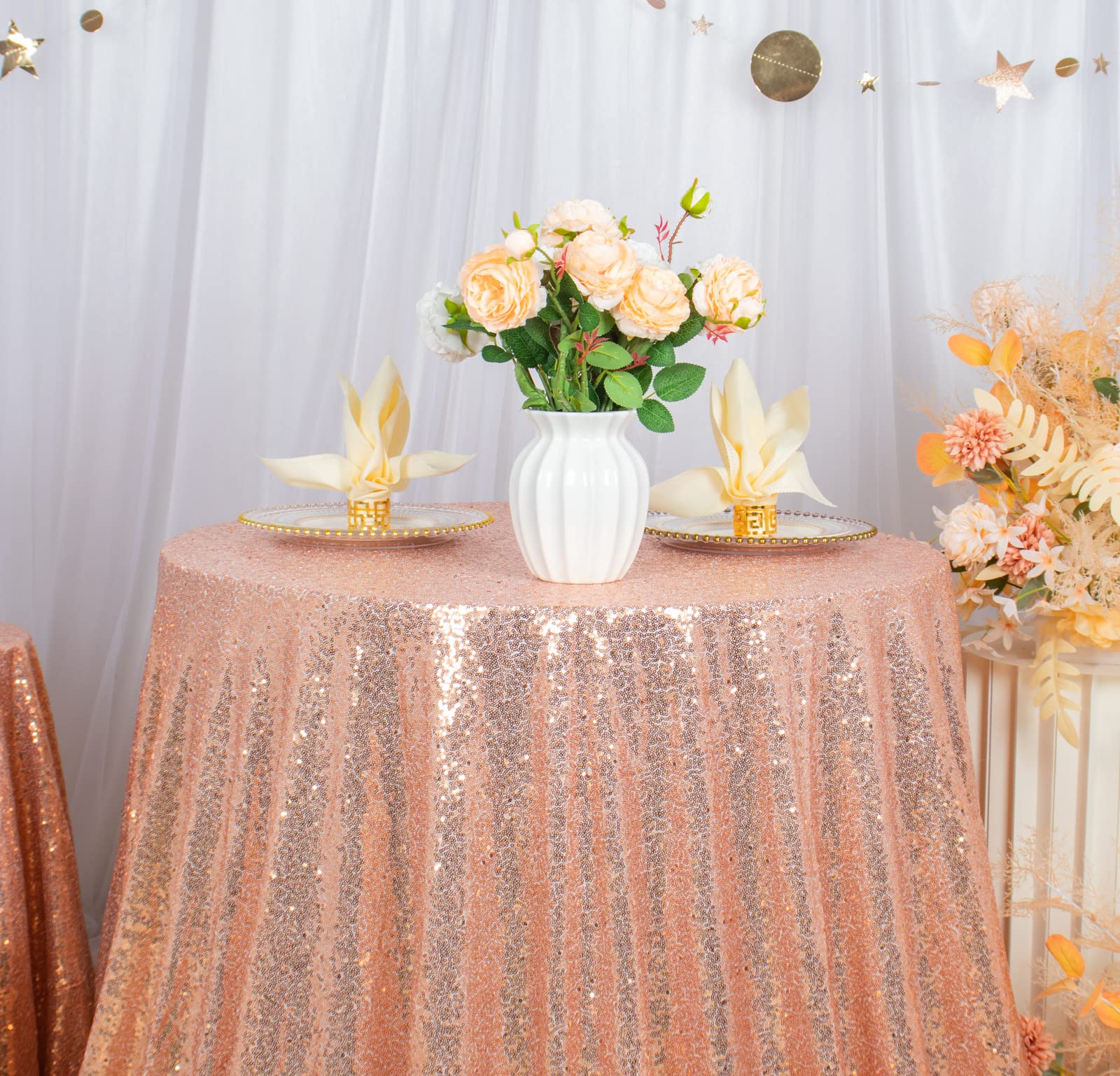 120 Inch Rose Gold Sequin Tablecloth - Elegant Wedding Party Table Cover with Sparkling Sequin Fabric, Round Table Overlay for Banquet, Reception, and Special Events