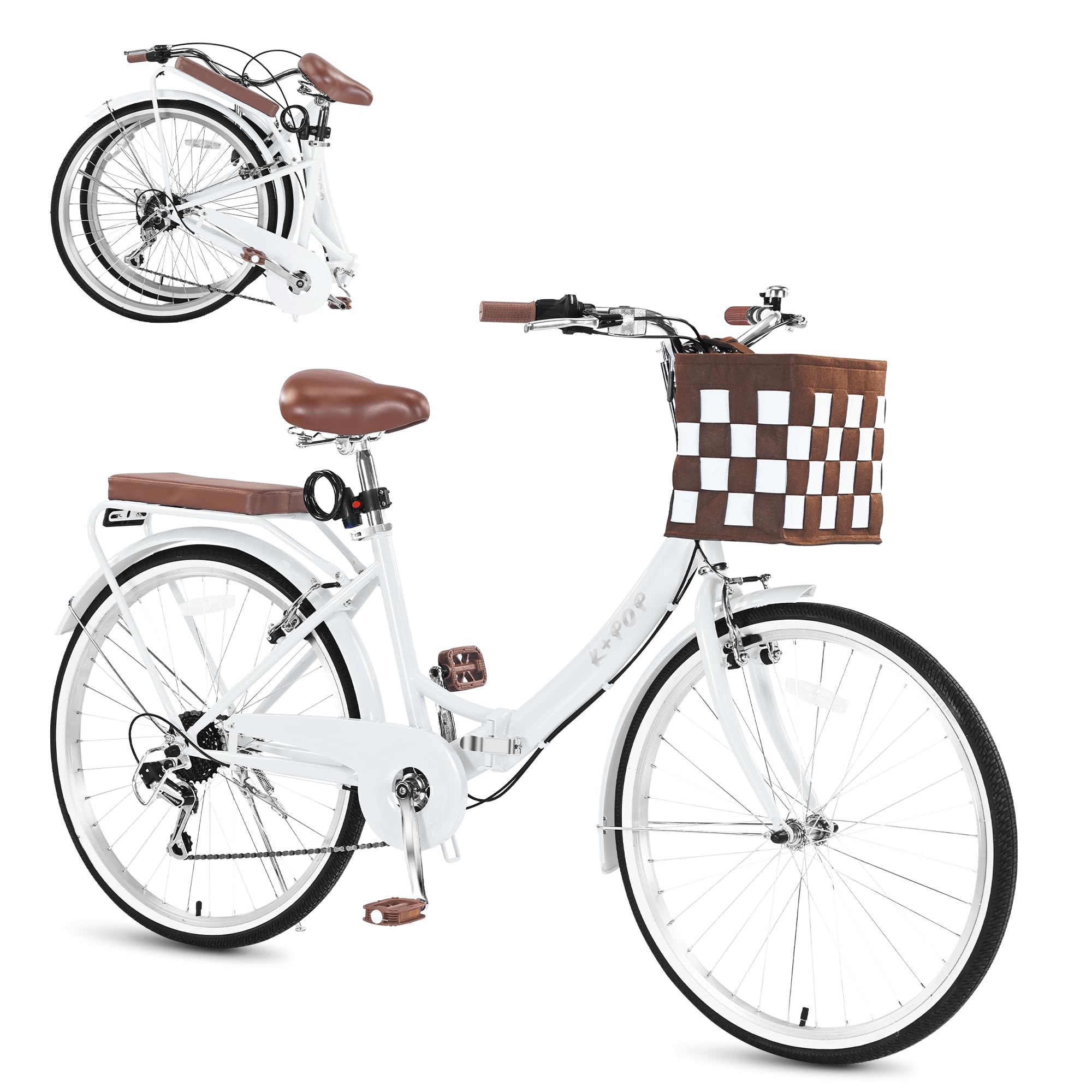 26 Inch Women's Foldable Beach Cruiser Bike - 7 Speed Commuter Bicycle with Basket & Fenders, High-Carbon Steel Frame - Perfect for Seaside Rides, City Commuting & Leisure Cycling