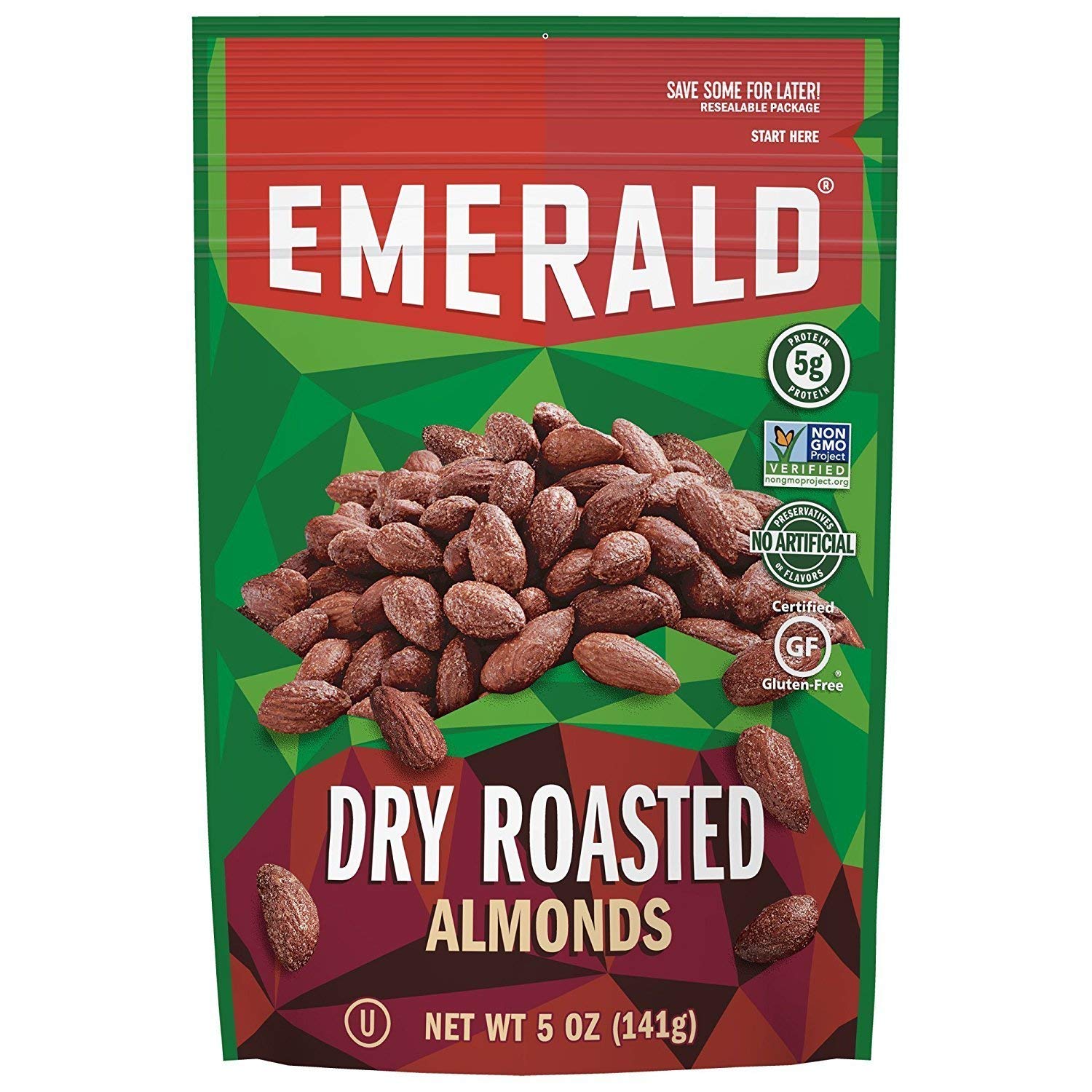 Premium Emerald Dry Roasted Almonds, 5oz (6-Pack) - Resealable Stand-Up Bag for Freshness - Healthy Snack for Office, Gym & Travel