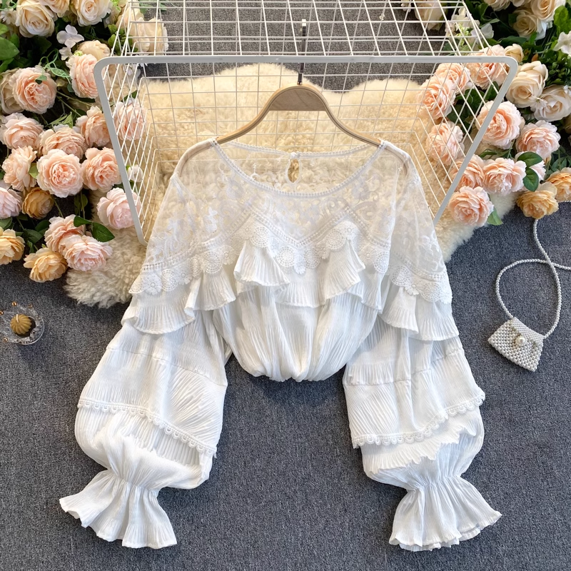 Sheer French Lace Mesh Blouse with Ruffled Puff Sleeves - Elegant Chiffon Top for Women | Perfect for Date Night, Office Wear & Special Occasions
