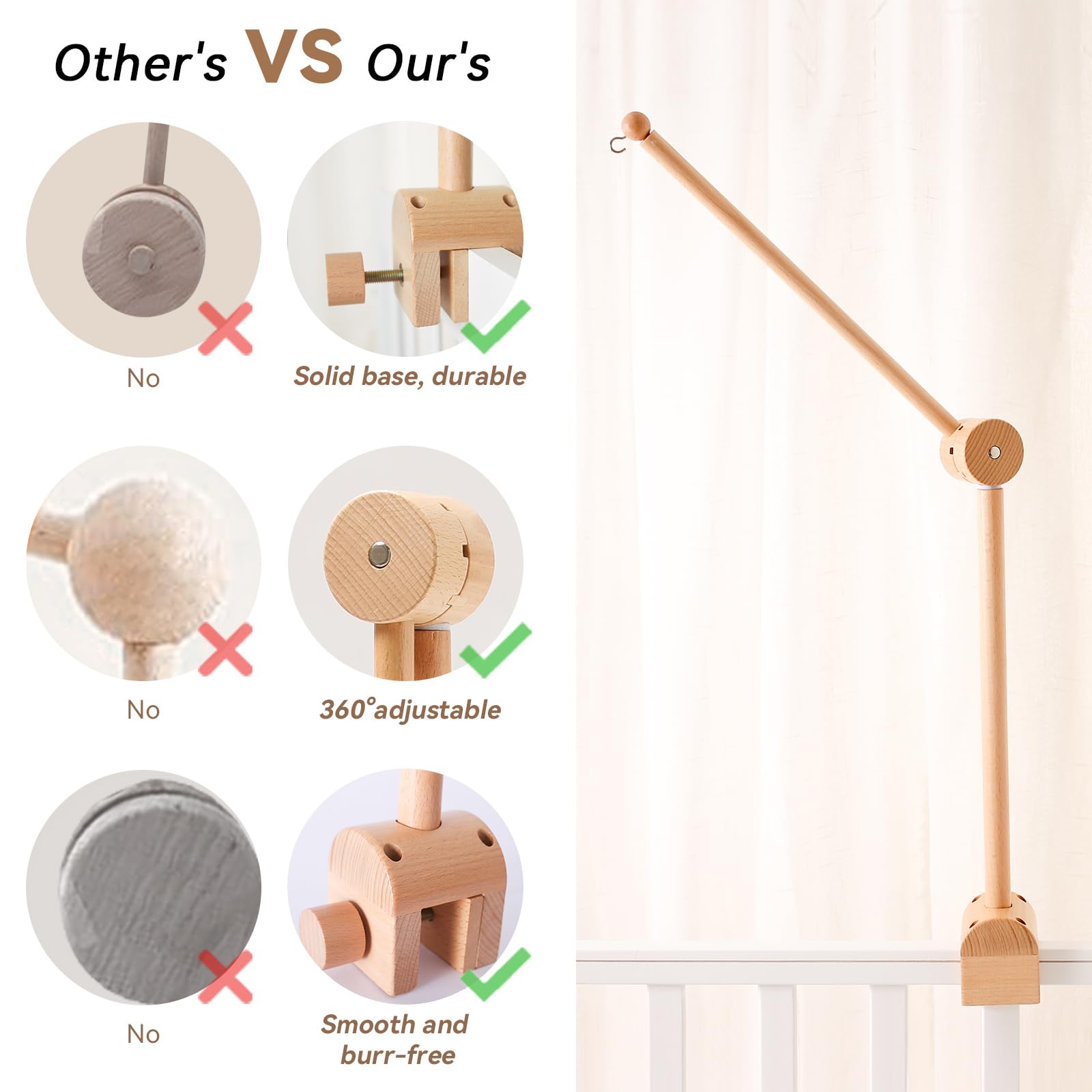 Wooden Baby Crib Mobile Arm with Anti-Slip Design - Nursery Mobile Hanger for Hanging Plush Toys & Decorations (Arm Only) | Perfect for Newborn Rooms, Baby Showers & Nursery Decor