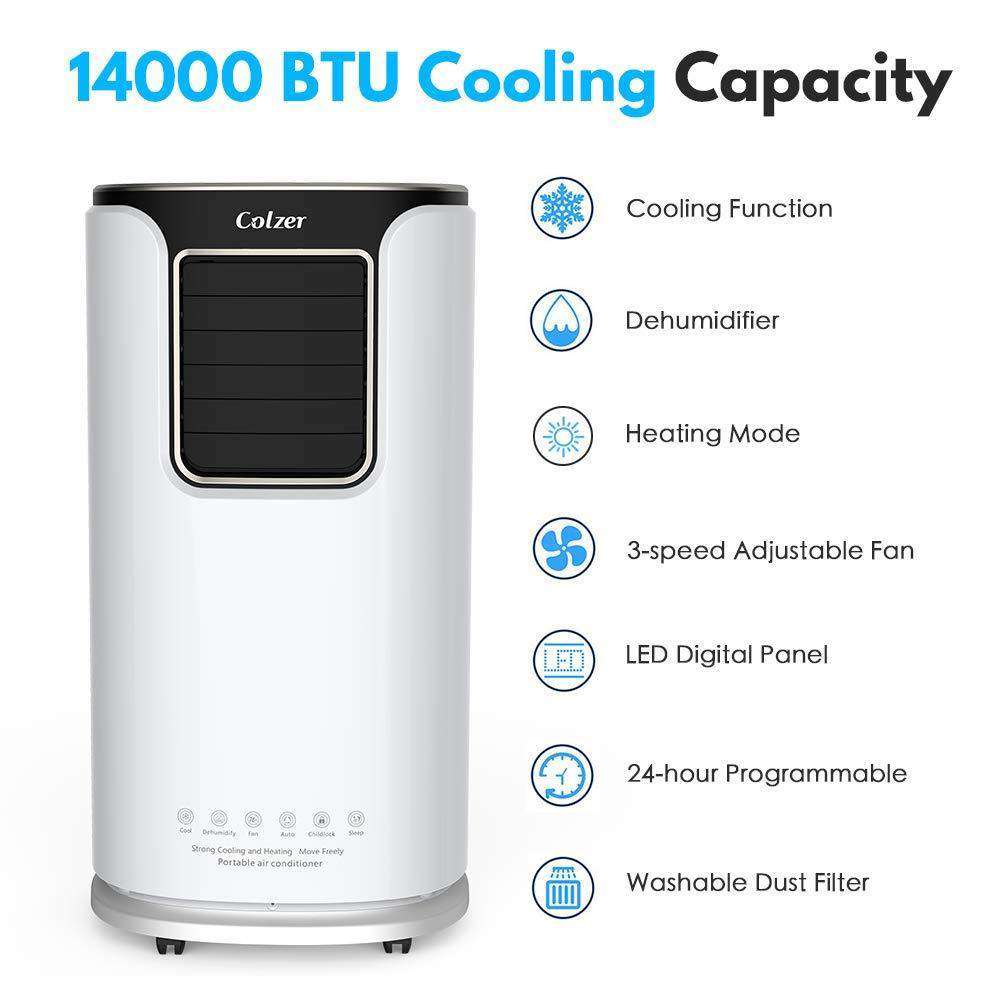 Colzer 002 14000 BTU Portable Air Conditioner & Dehumidifier - Cools Rooms Up to 500 Sq.Ft - Includes Remote Control & Washable Filter - Perfect for Bedrooms, Living Rooms & Home Offices